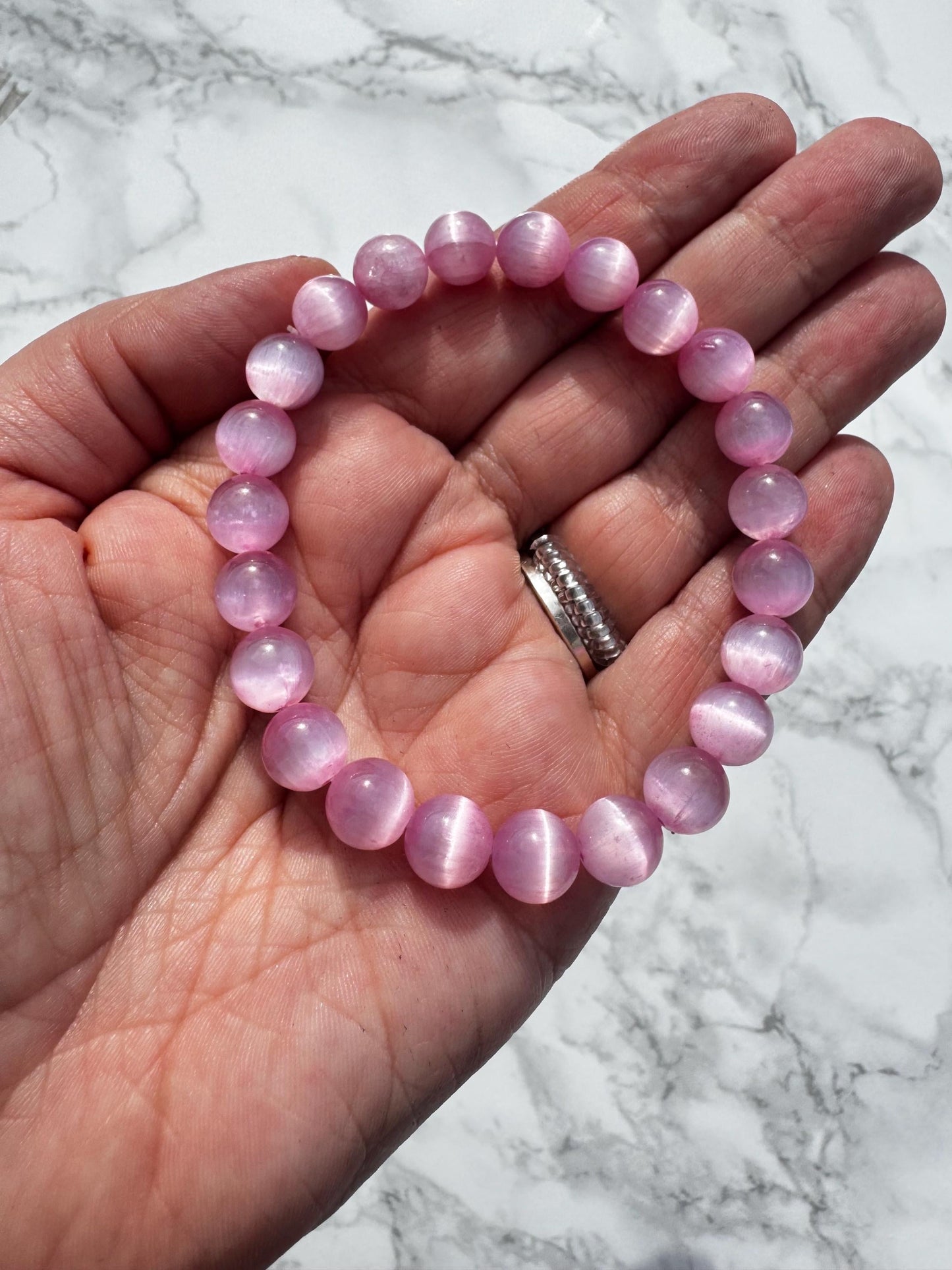 Pink Dyed Satin Spar Bracelet; 8mm Stretchy Beaded Crystal Bracelet; 6" Size