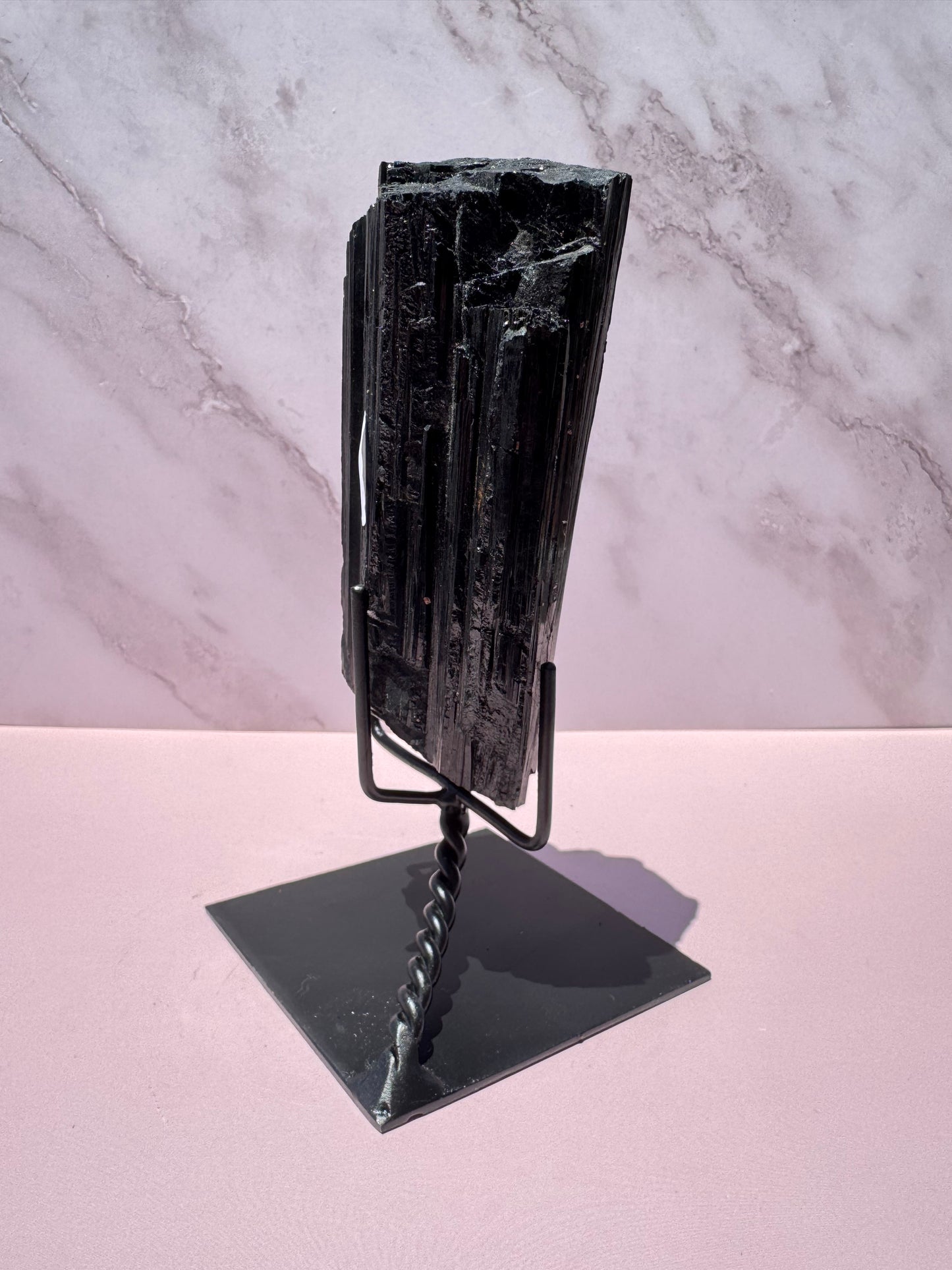 Black Tourmaline Raw Freeform on Stand, from Brazil