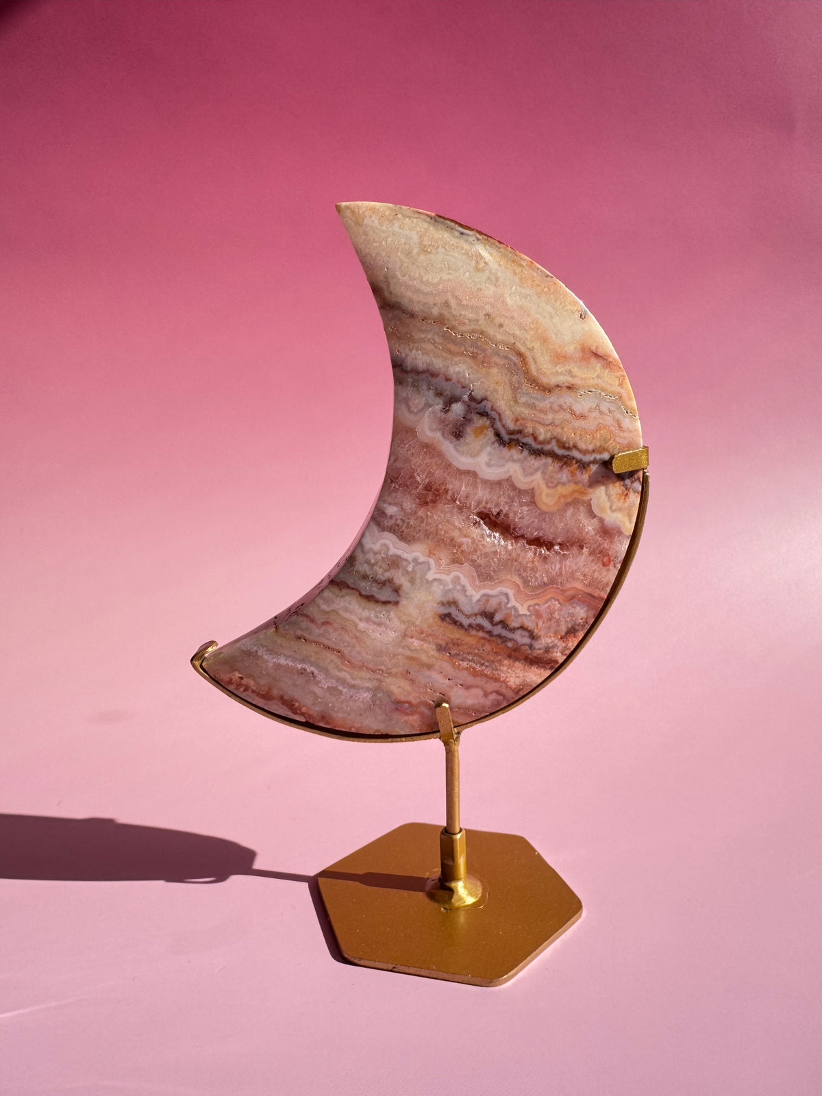 Pink Crazy Lace Agate Moon on Stand - ITEM E