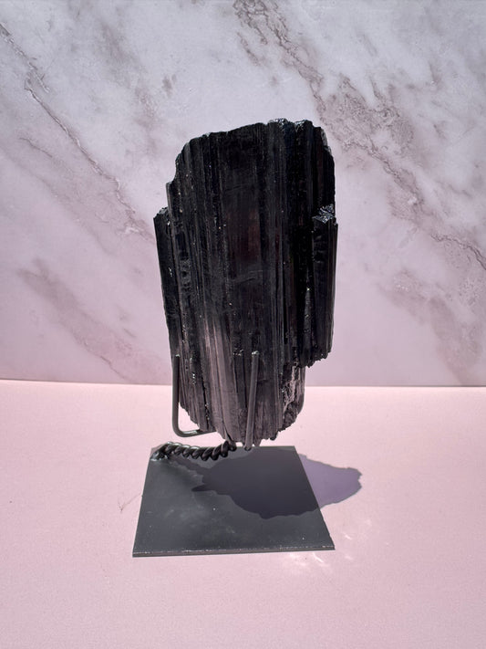 Black Tourmaline Raw Freeform on Stand, from Brazil