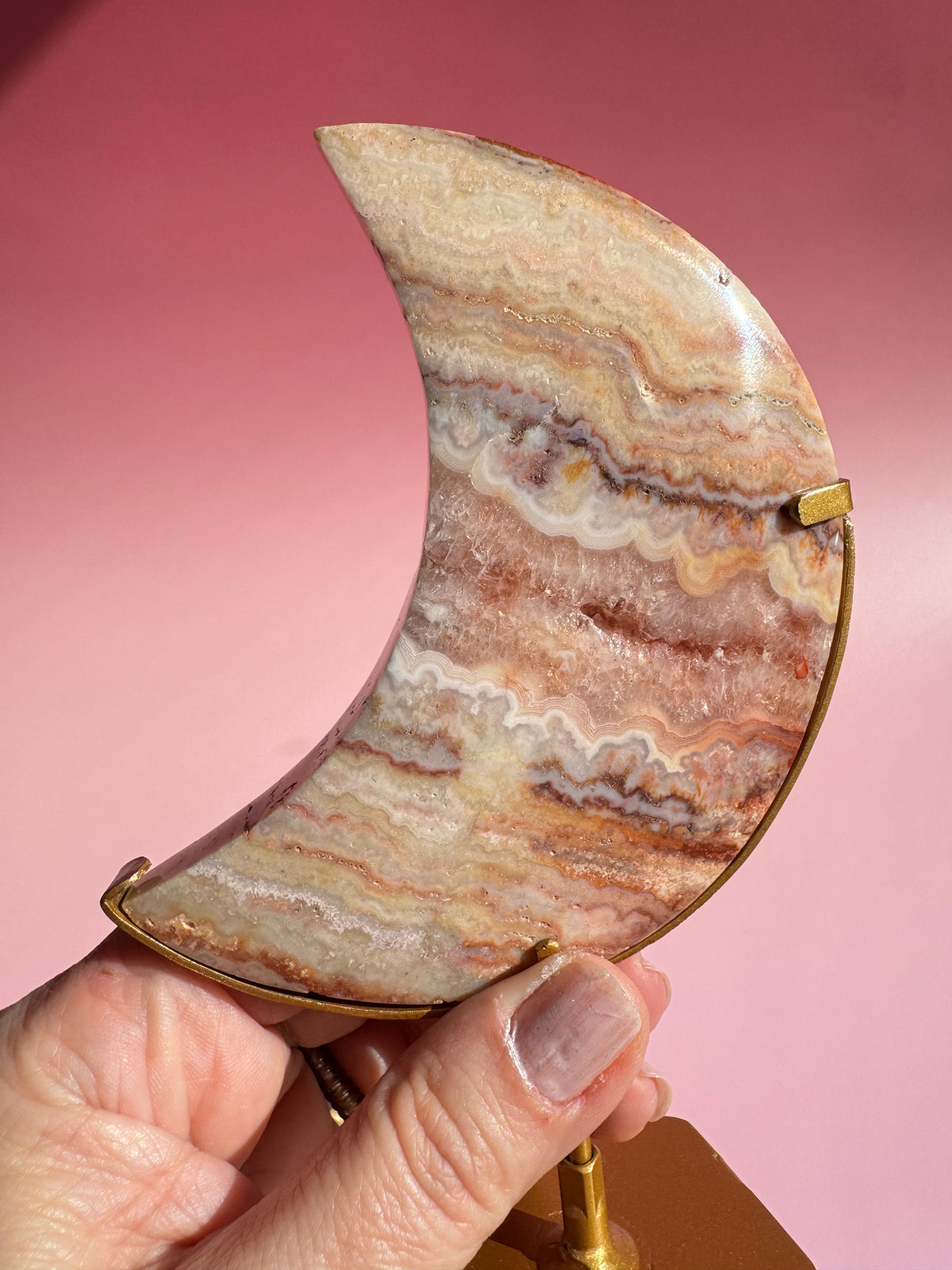 Pink Crazy Lace Agate Moon on Stand - ITEM E