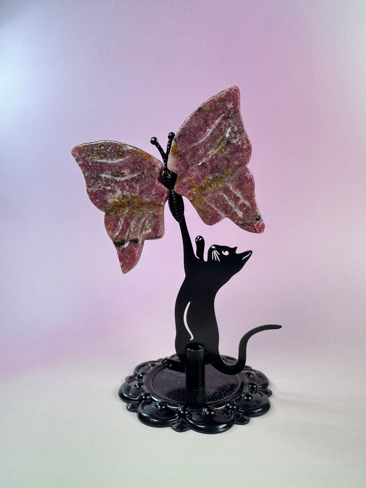 Cat Metal Stand with Butterfly - Rhodonite