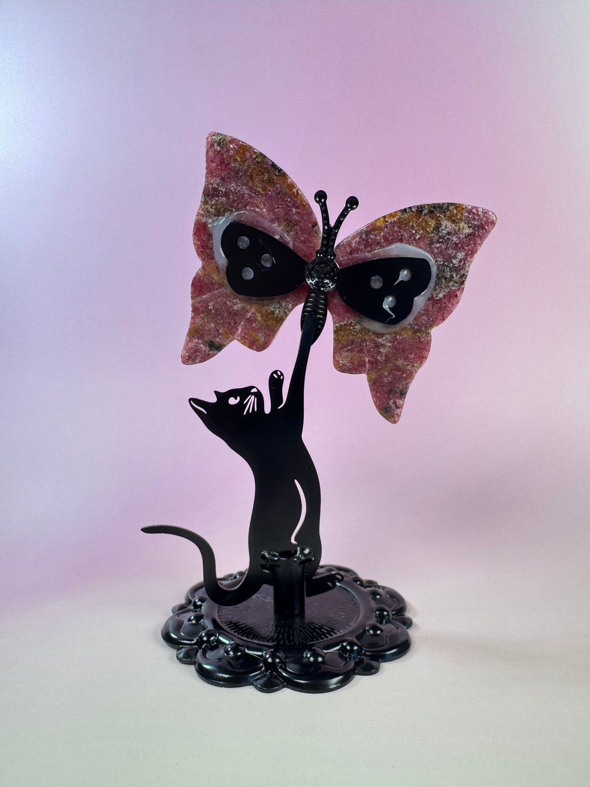 Cat Metal Stand with Butterfly - Rhodonite