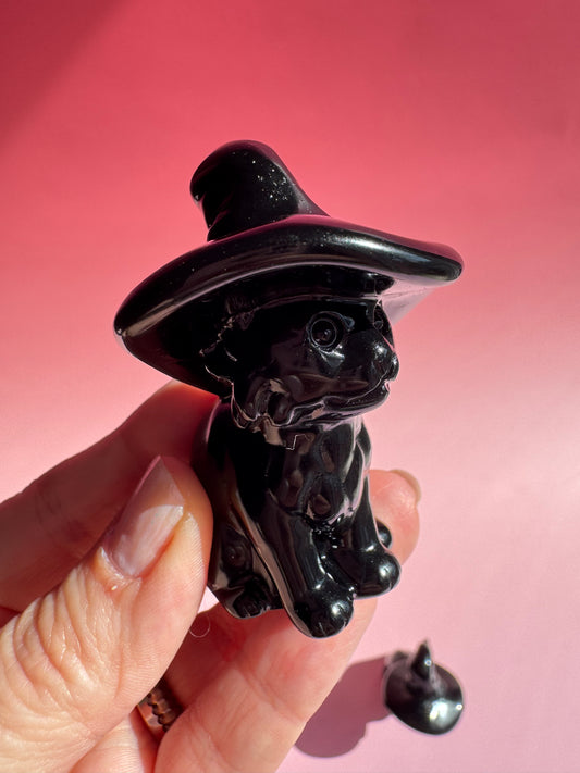 Obsidian Witch Cat Carving