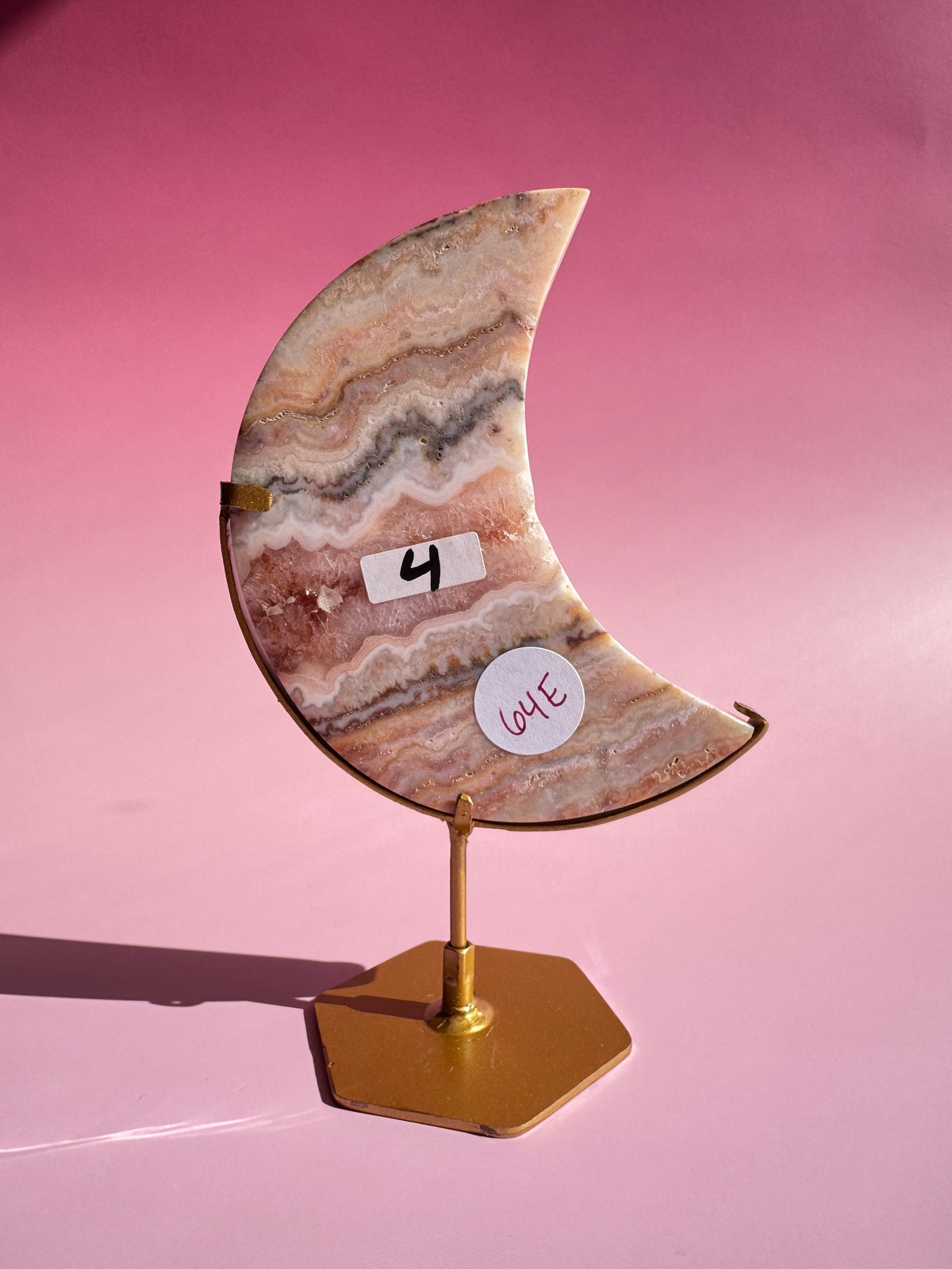 Pink Crazy Lace Agate Moon on Stand - ITEM E