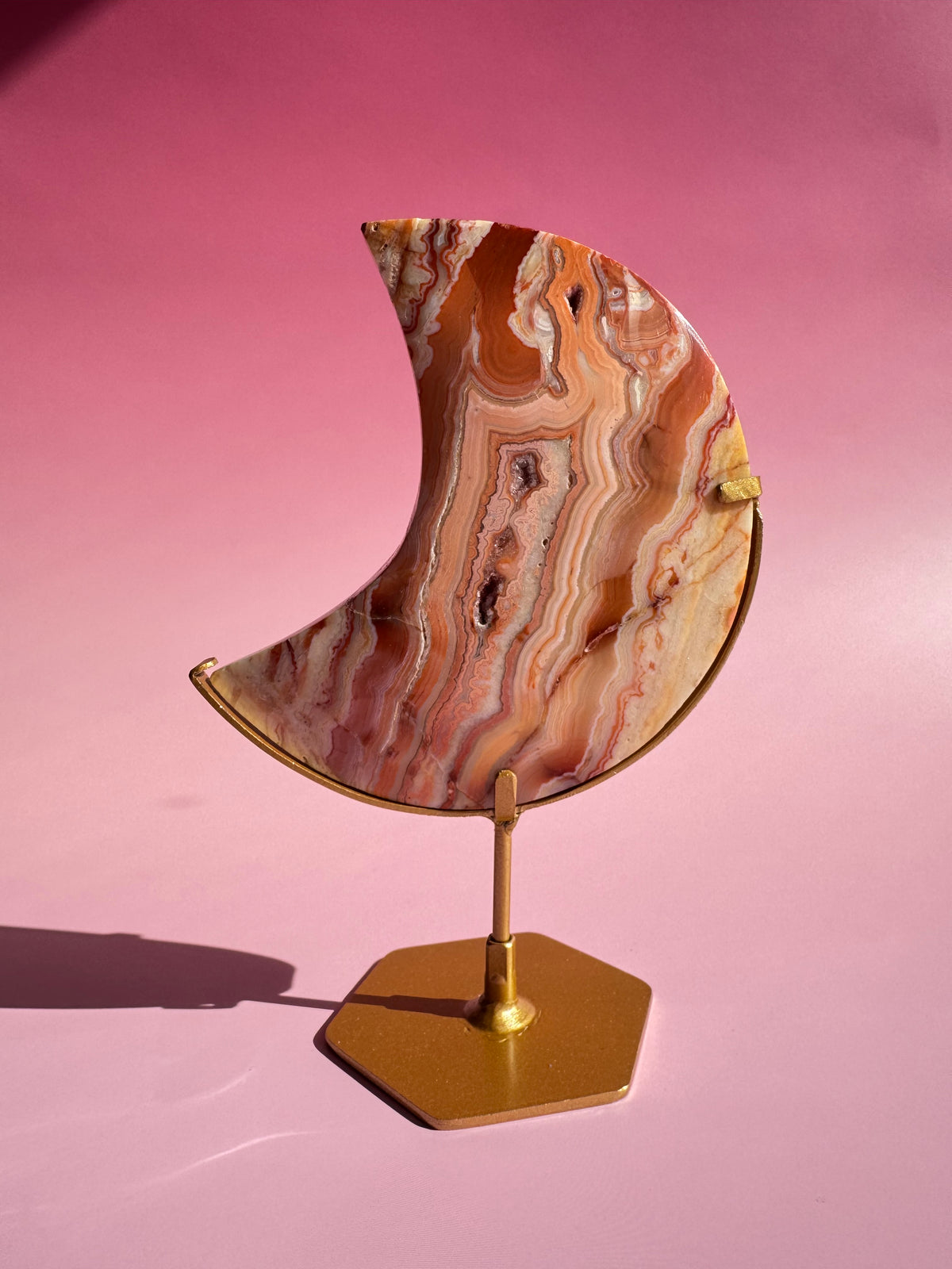 Pink Crazy Lace Agate Moon on Stand - ITEM D