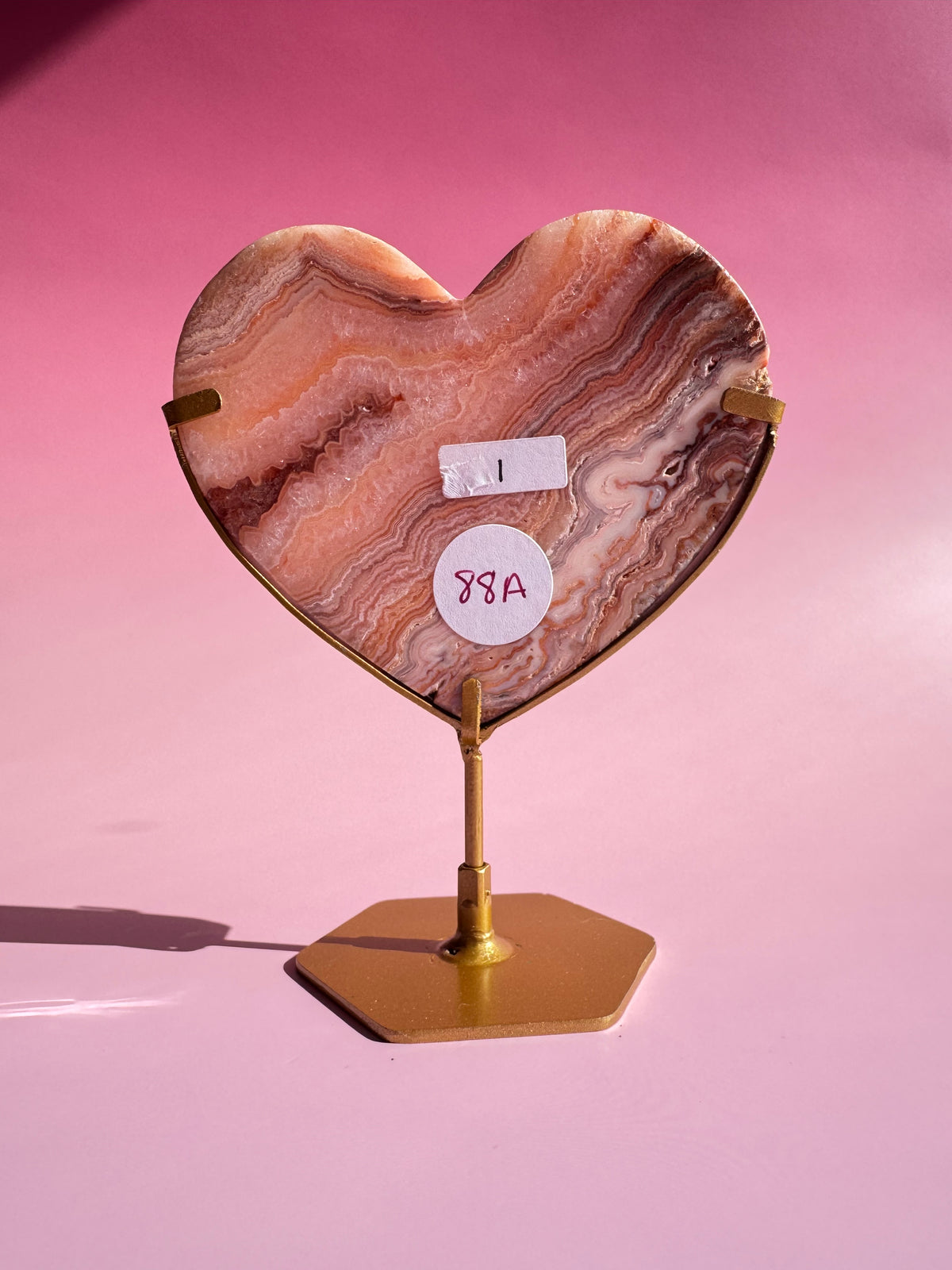 Pink Crazy Lace Agate Heart on Stand
