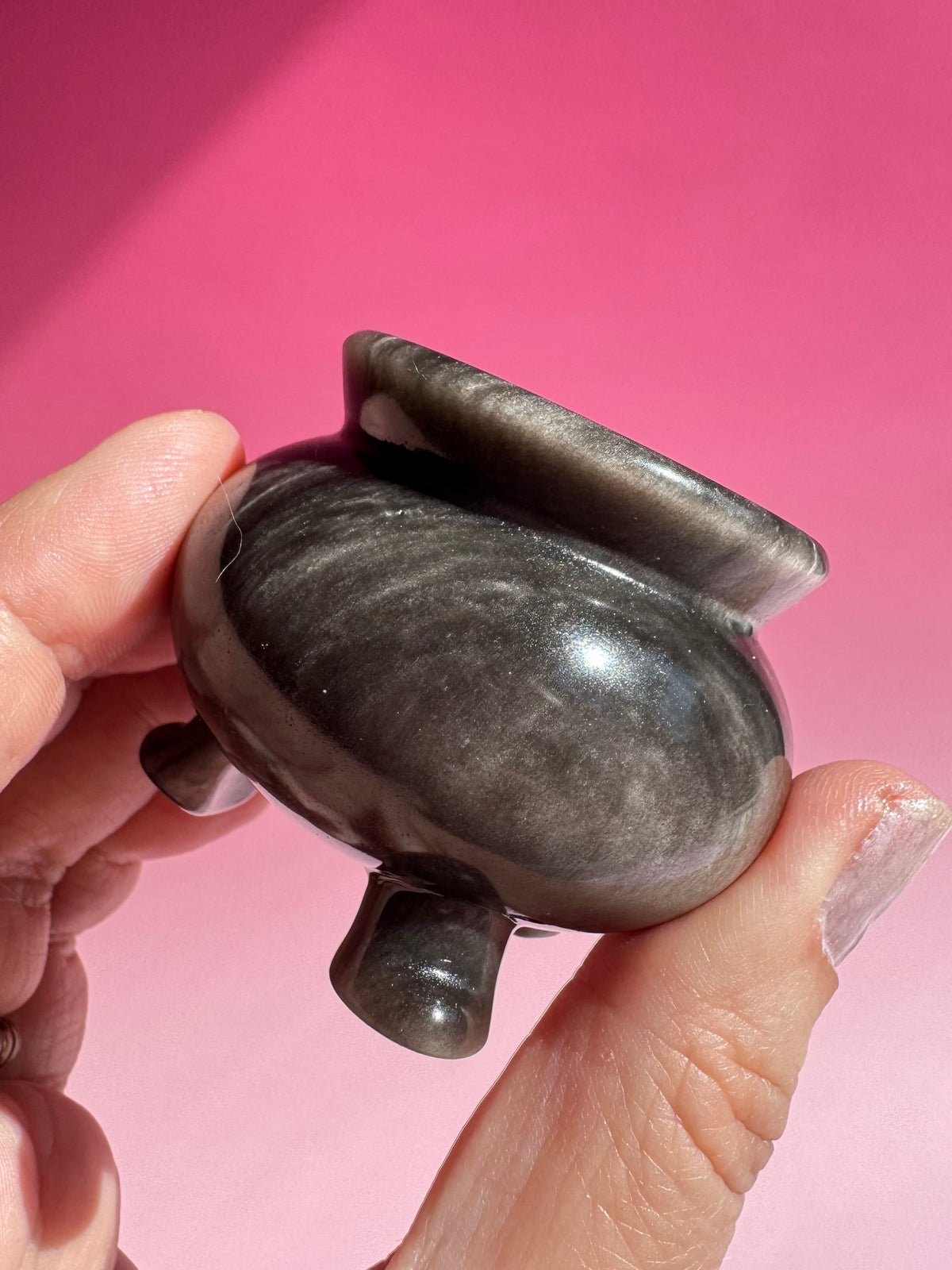Silver Sheen Obsidian Cauldron Carving