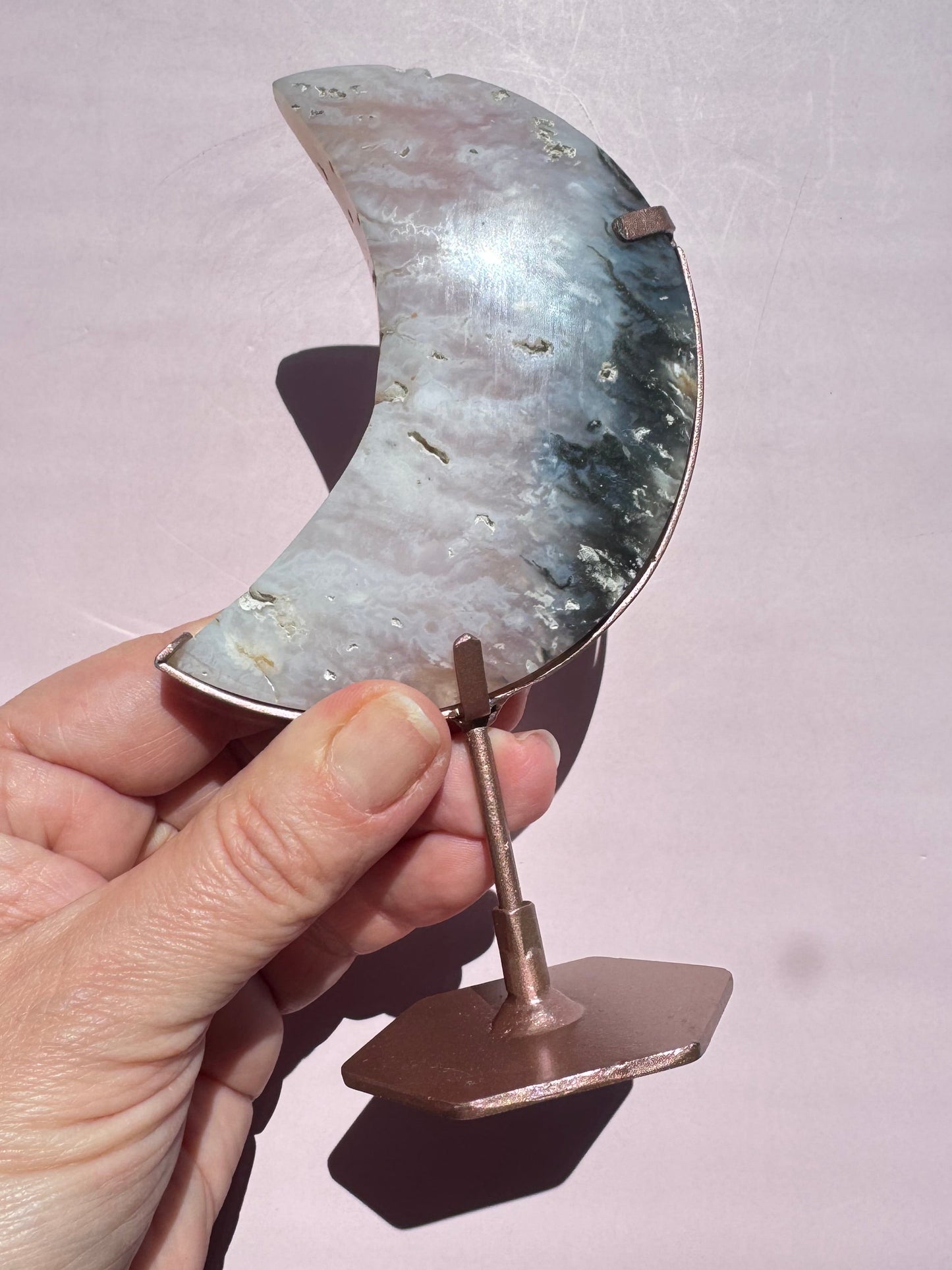 Pink Plume Agate Moon Carving with Stand from Indonesia - Item A