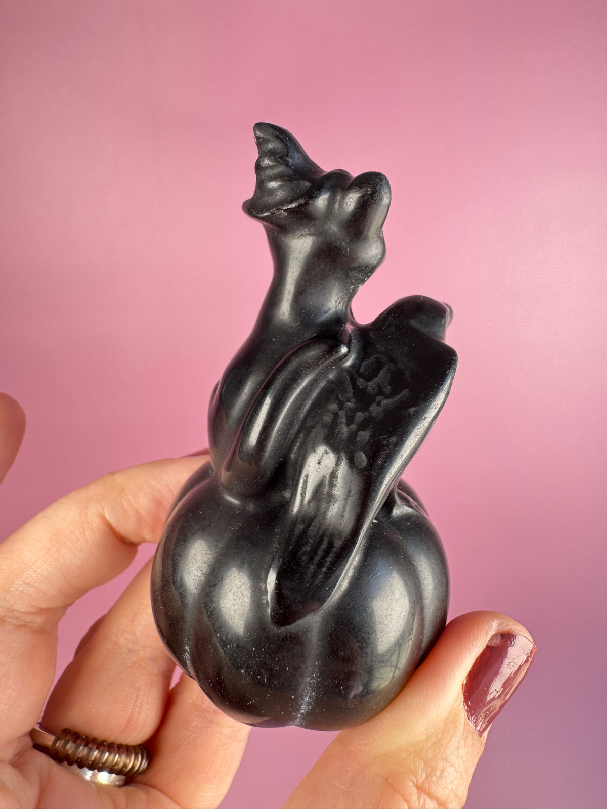 Obsidian Halloween Cat and Crow Carving