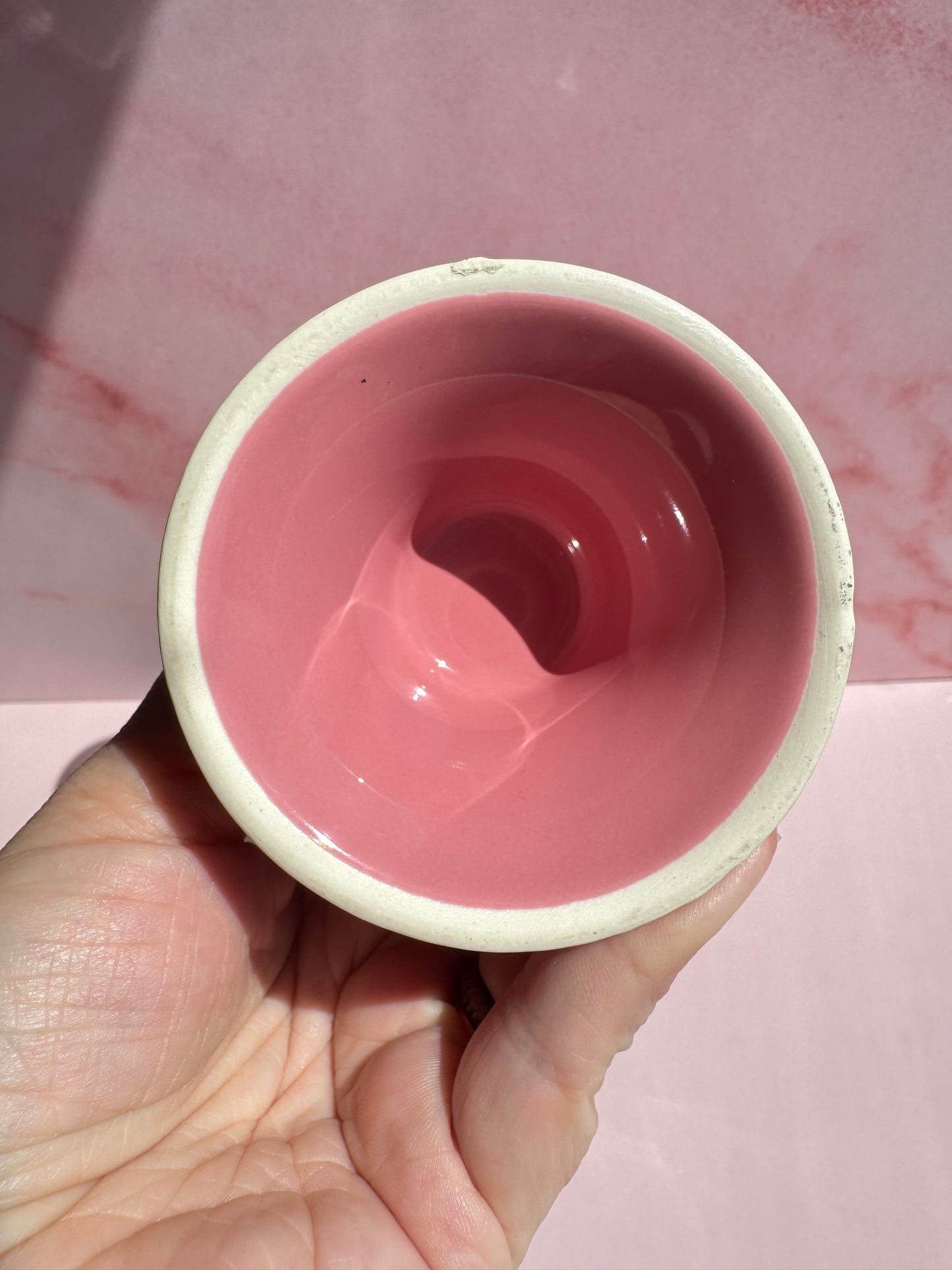 A hand holds the Pink Ceramic Raised Bowl, a small bowl featuring a glossy pink interior and a delicate white rim, photographed from above against a matching pink background.