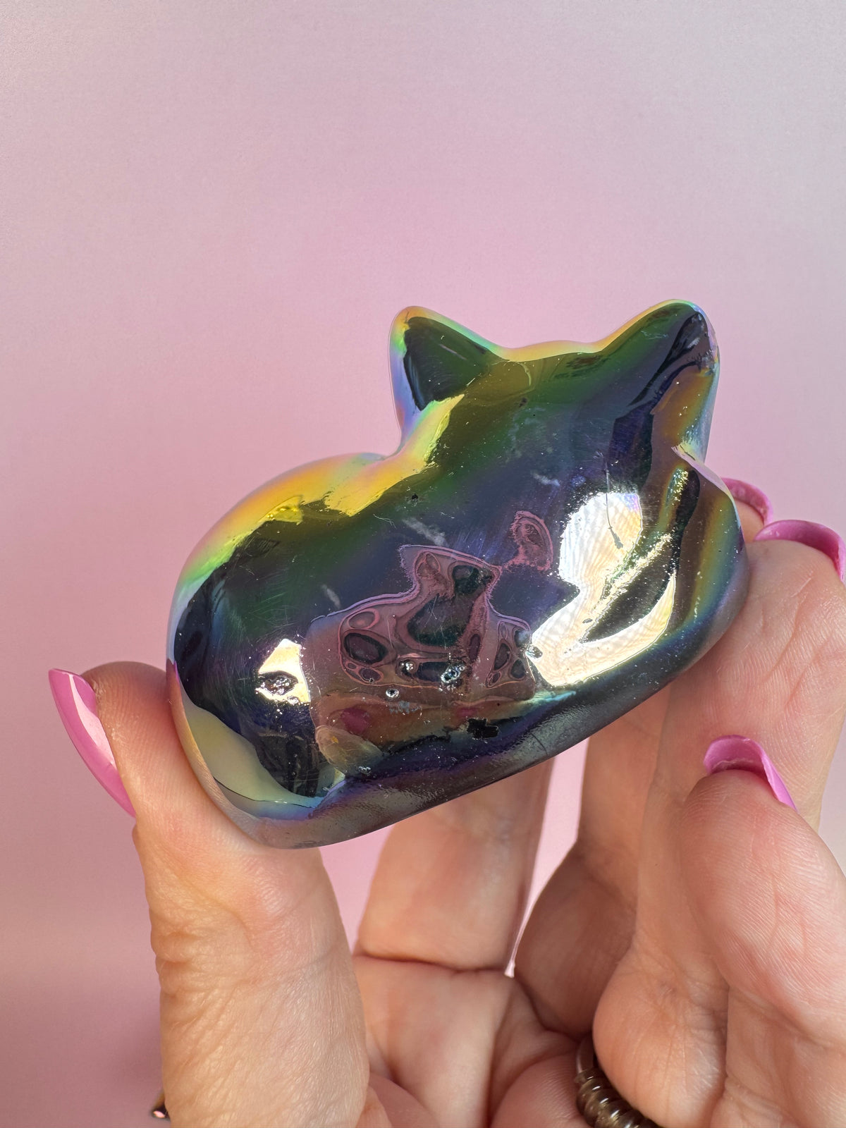 Titanium Aura Obsidian Sleeping Cat Carving (Imperfect)