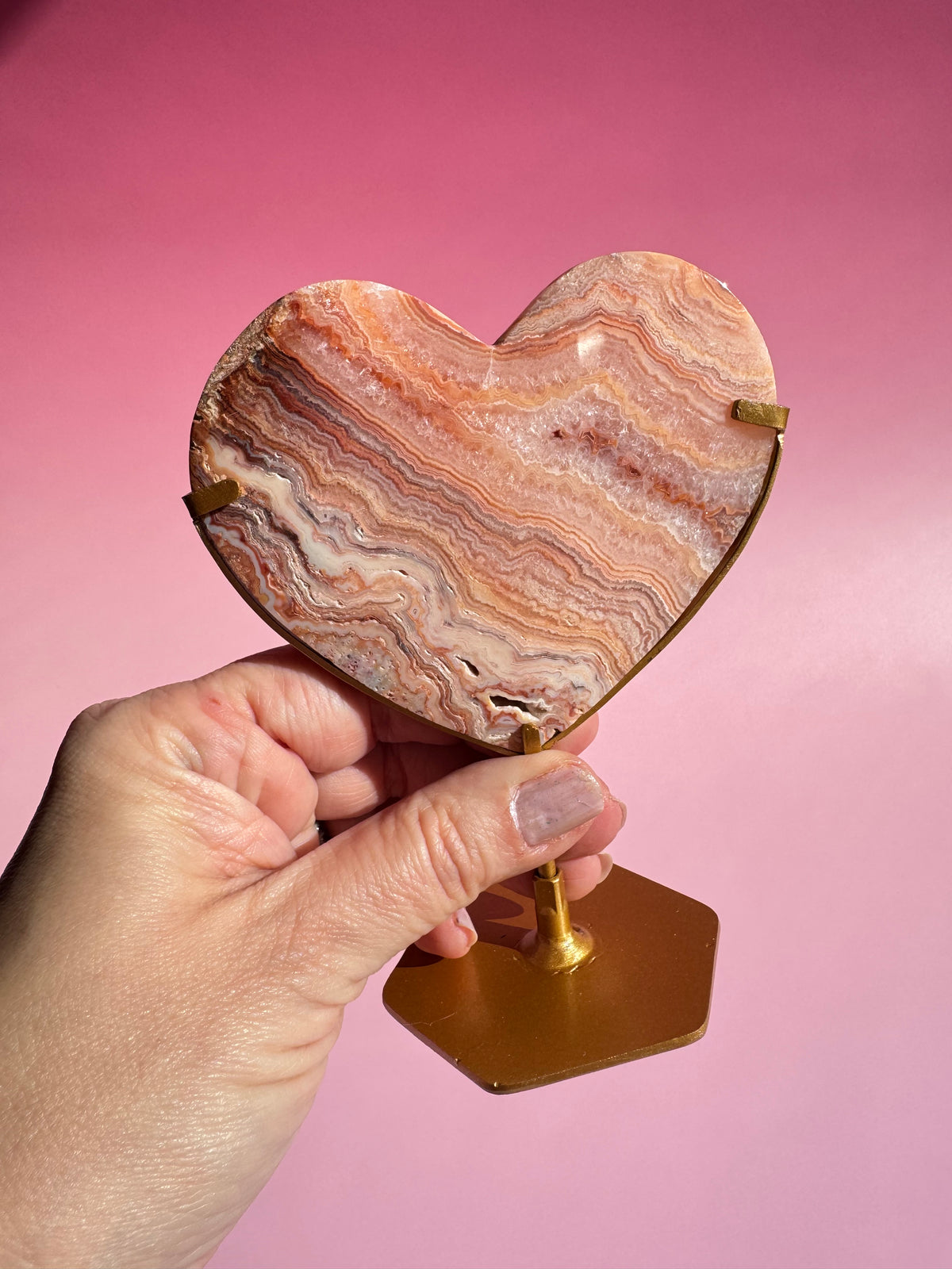 Pink Crazy Lace Agate Heart on Stand