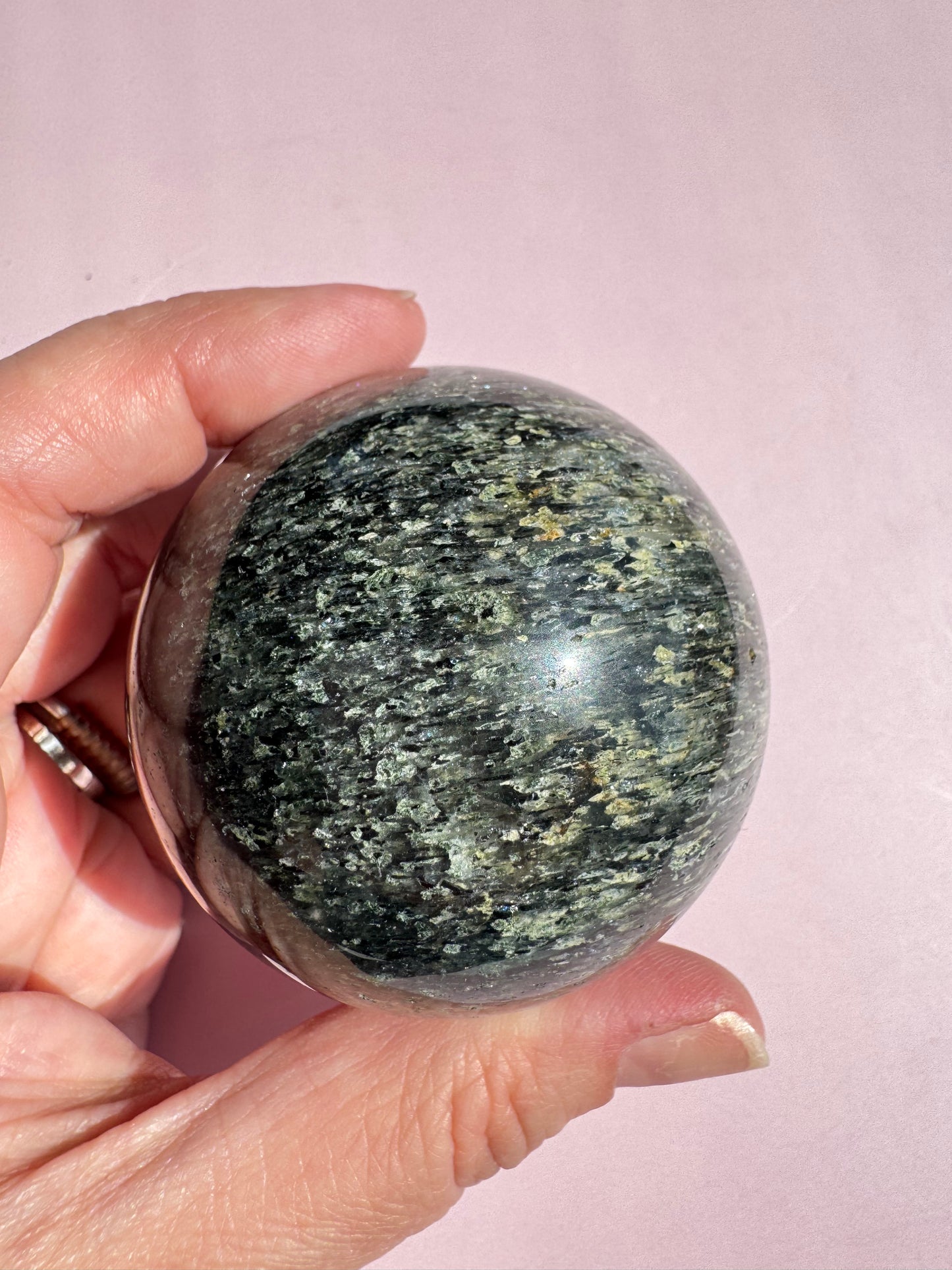 Epidote in Quartz Sphere