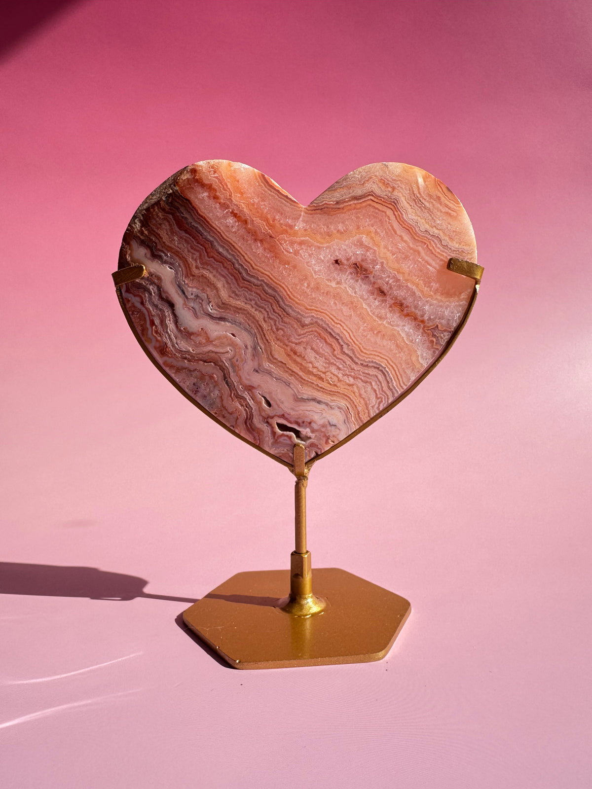 Pink Crazy Lace Agate Heart on Stand