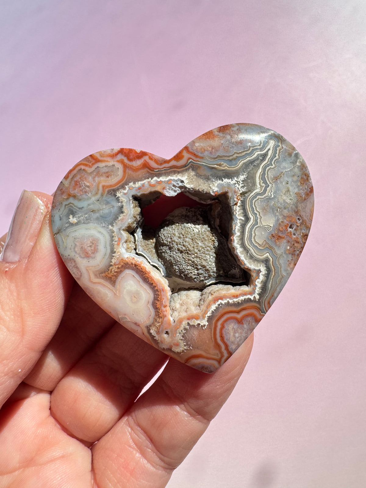 Pink Crazy Lace Agate Heart Carving - ITEM P