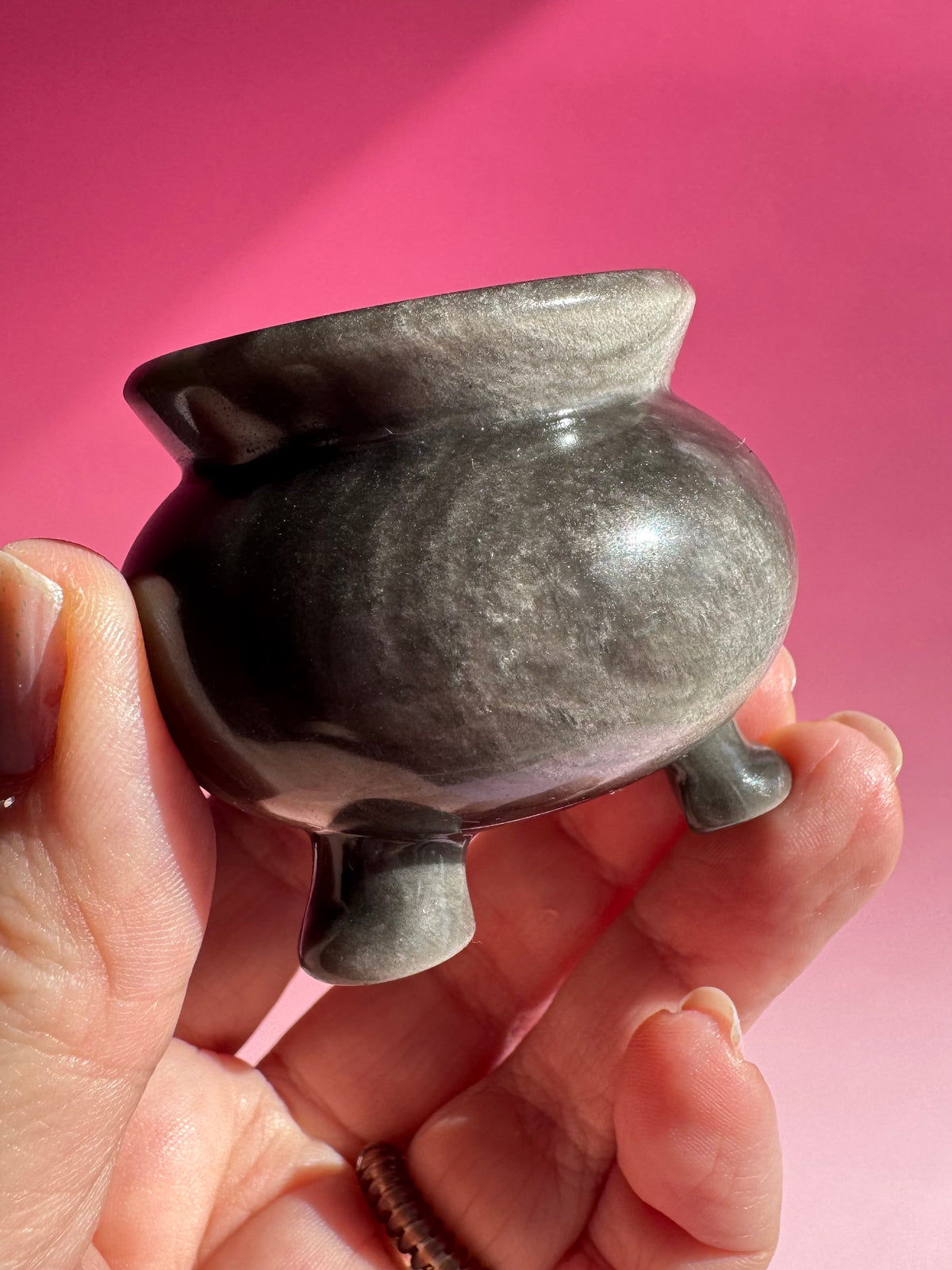 Silver Sheen Obsidian Cauldron Carving