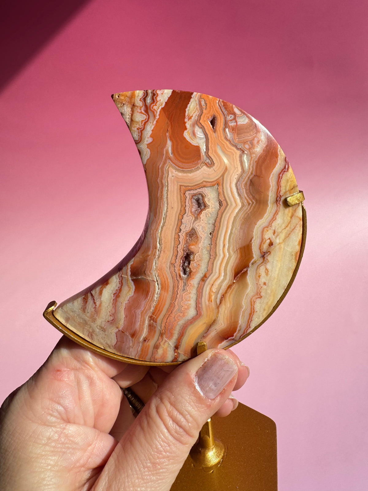 Pink Crazy Lace Agate Moon on Stand - ITEM D