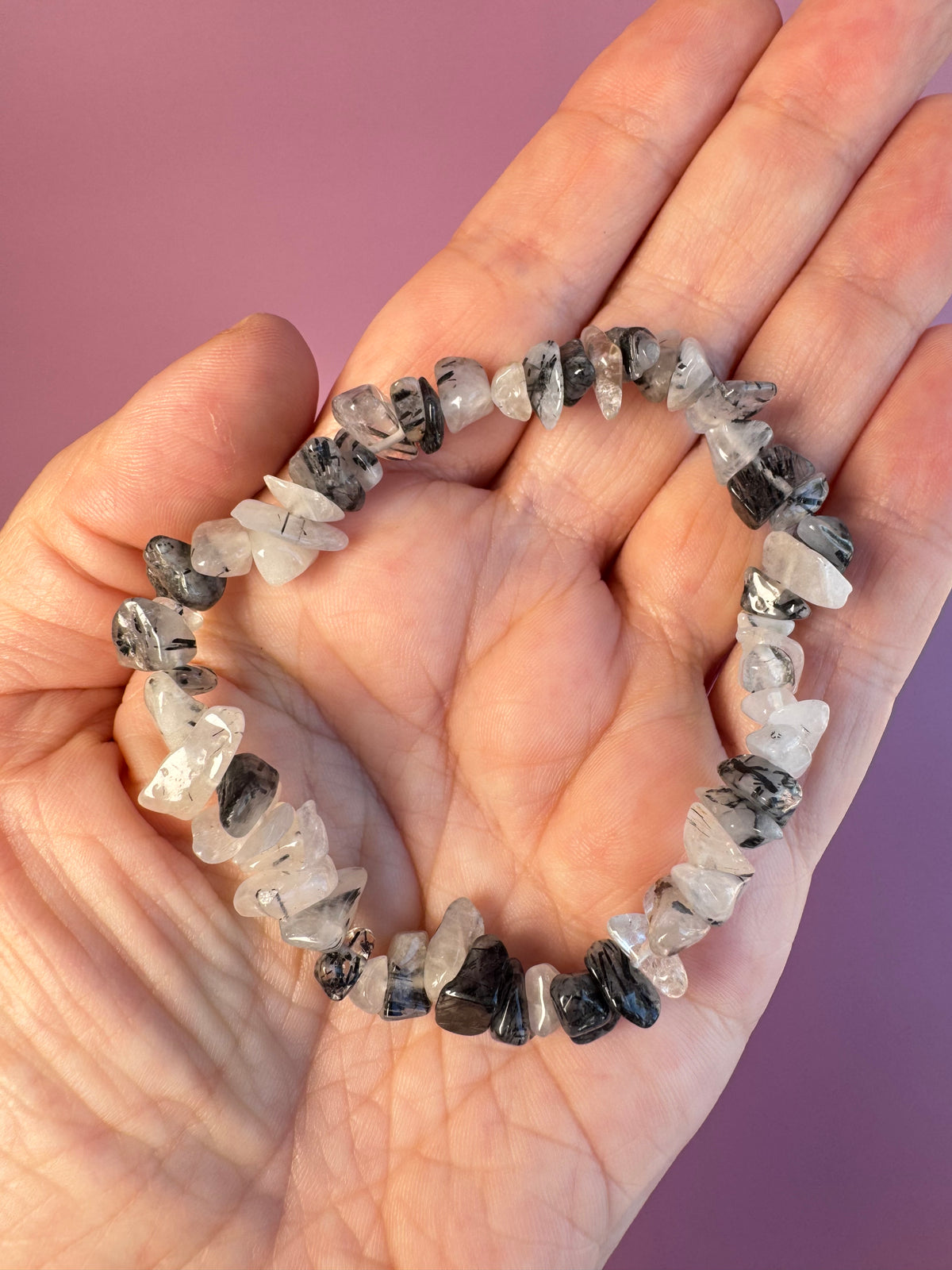 Tourmalinated Quartz Chip Bracelet; 7" Stretchy Bracelet