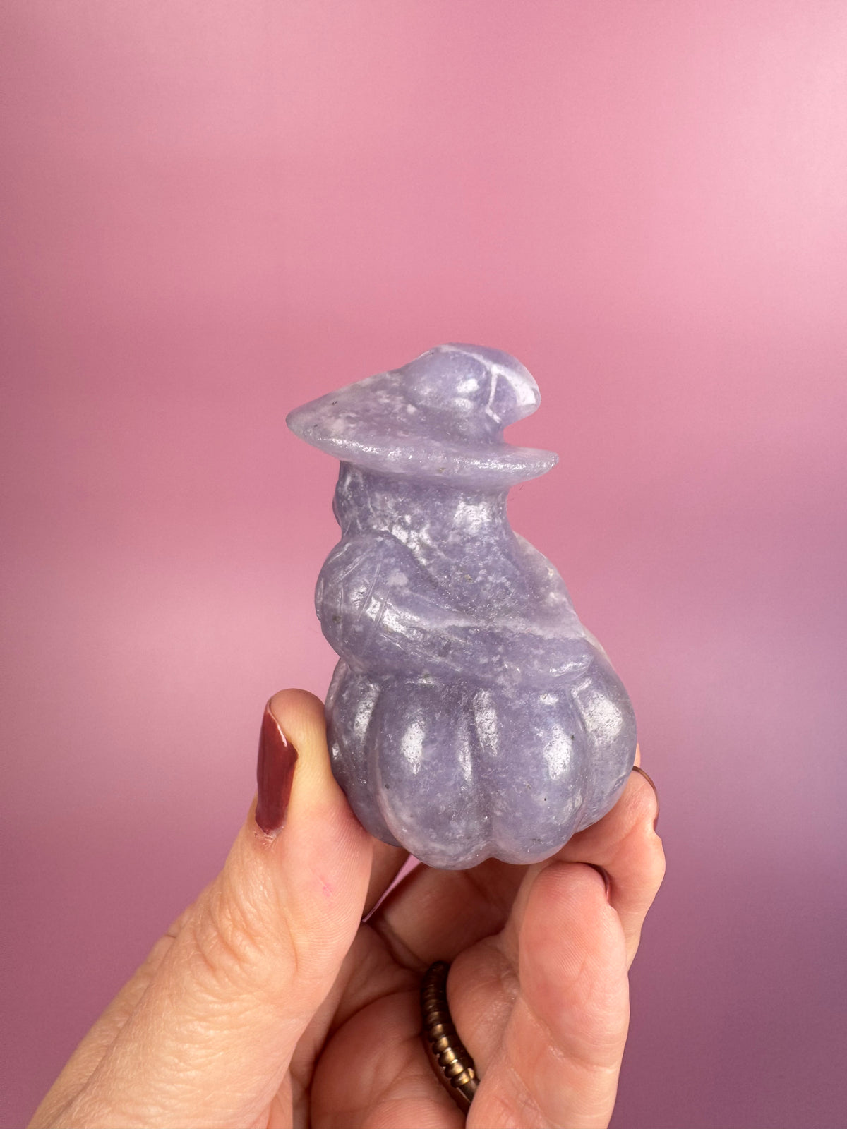 Lepidolite Halloween Owl with Pumpkin Carving