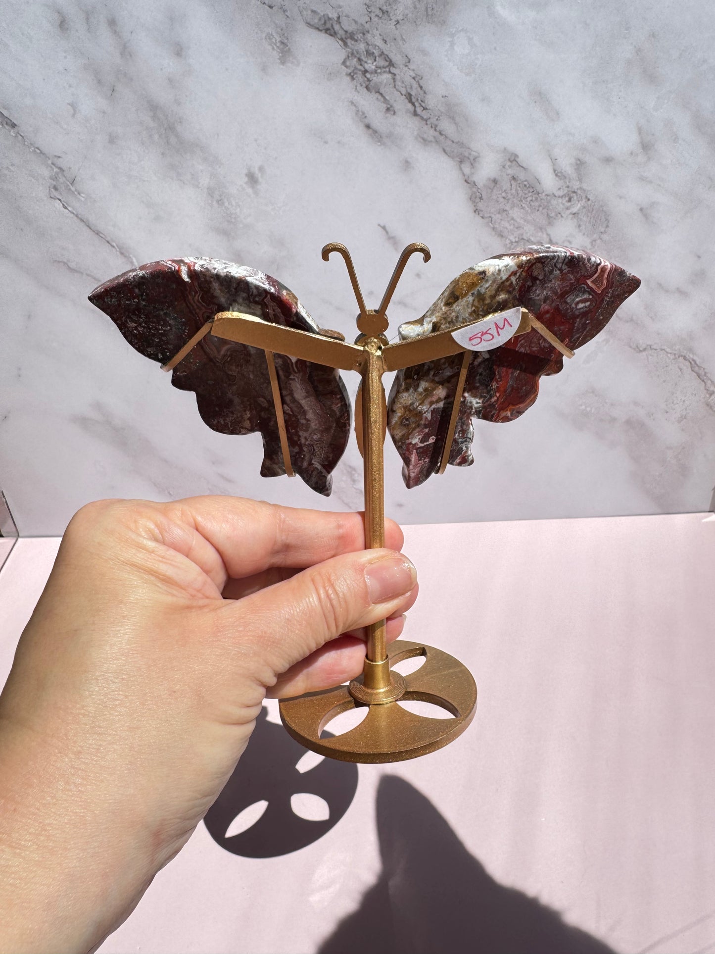 Mexican Crazy Lace Agate Butterfly Wings with Stand