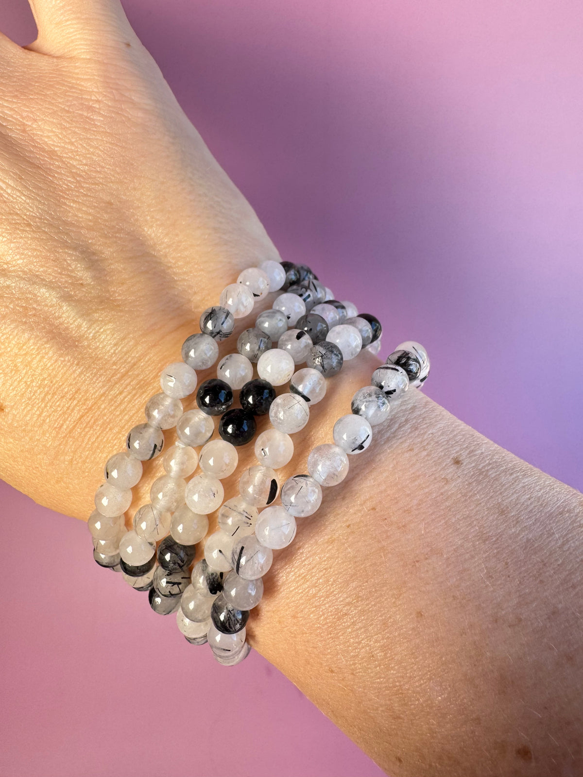 Tourmalinated Quartz Beaded Bracelet; 7" Stretchy Bracelet