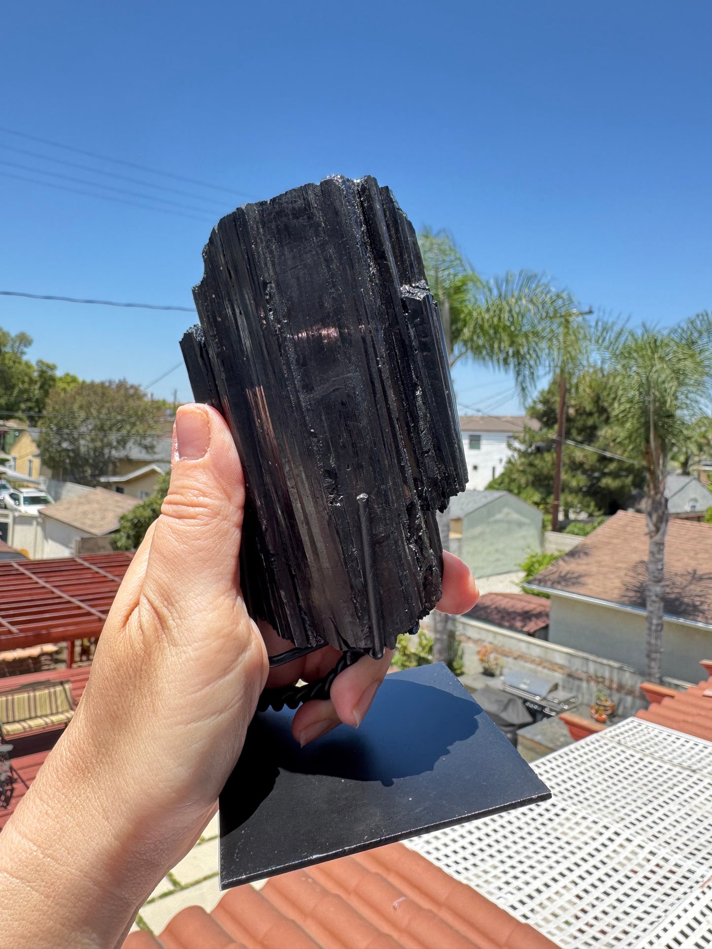 Black Tourmaline Raw Freeform on Stand, from Brazil