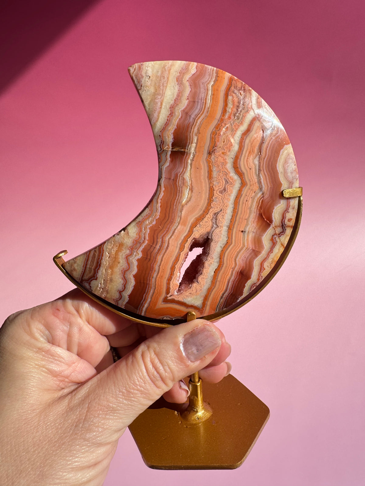 Pink Crazy Lace Agate Moon on Stand - ITEM C