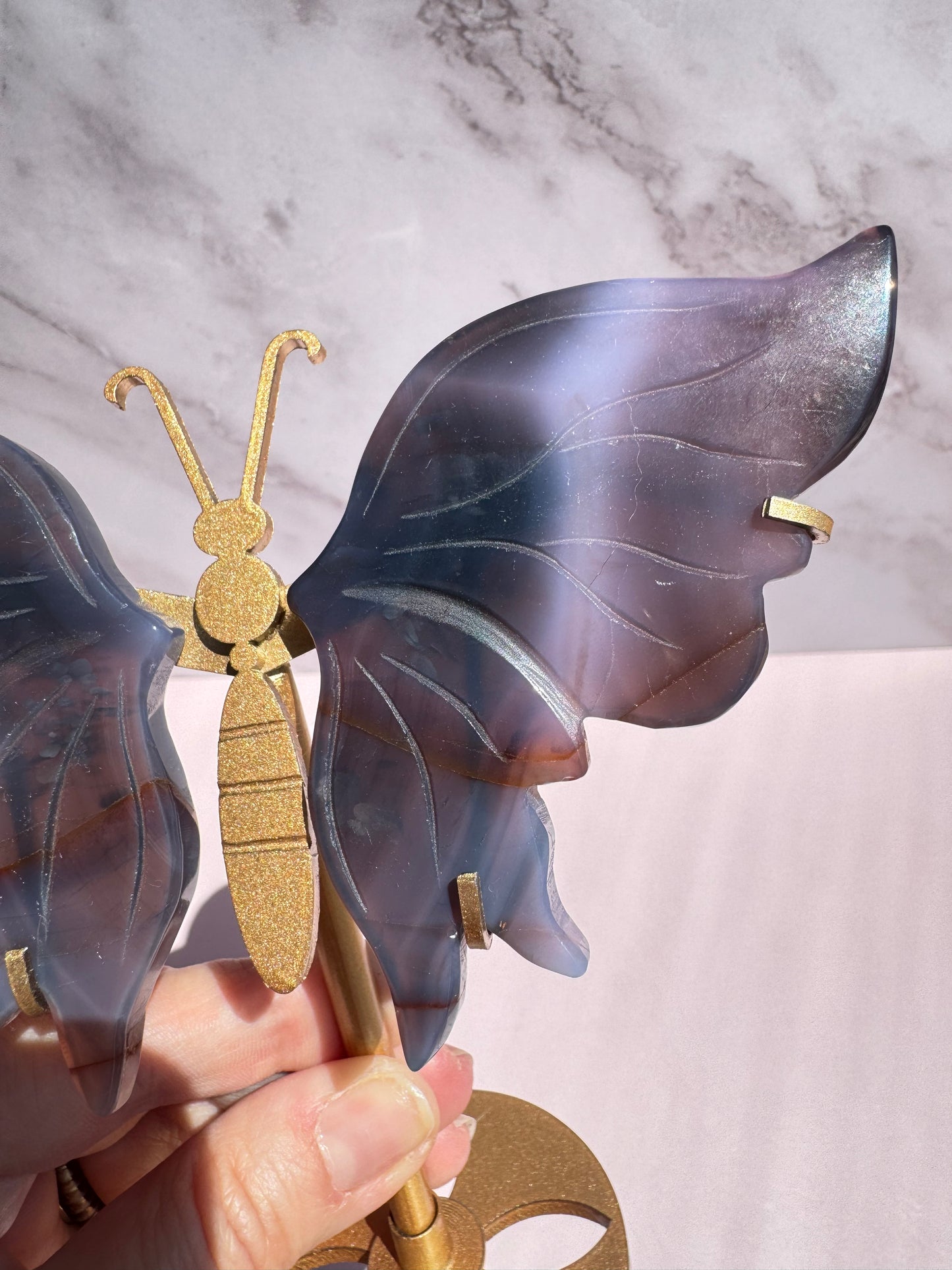 Blue Agate Butterfly Wings with Stand