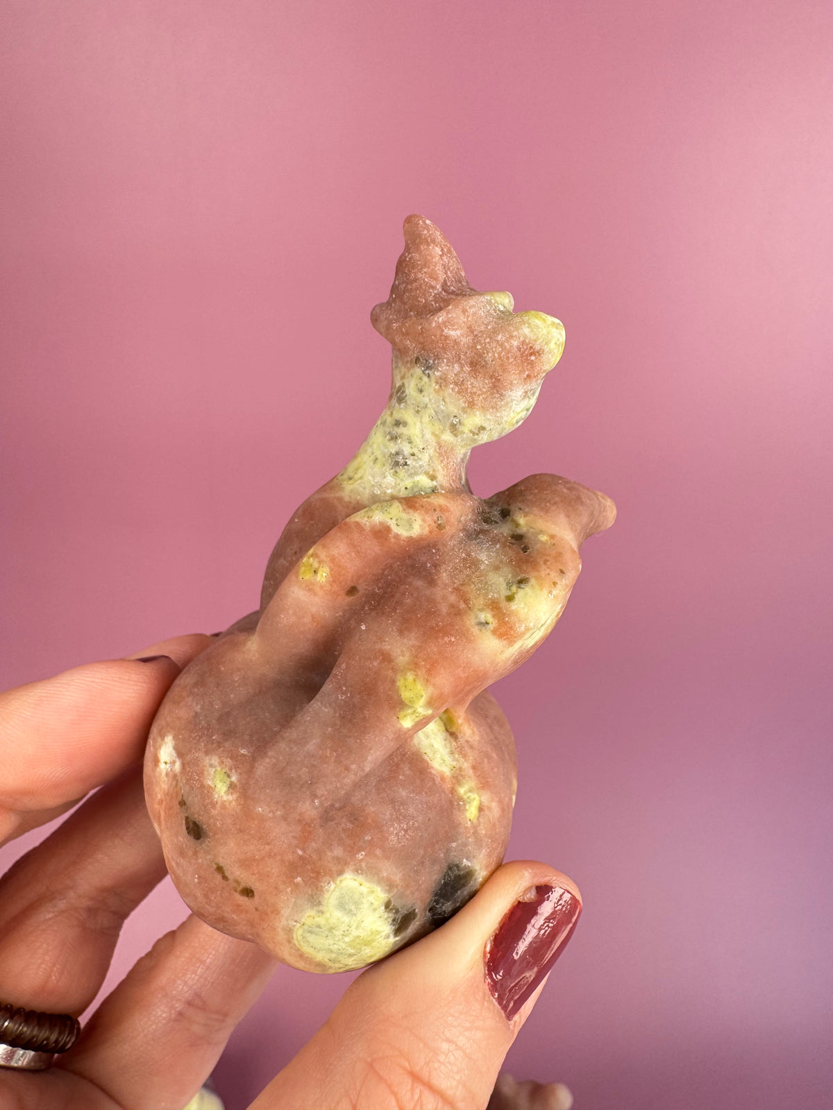 Peach Blossom Tourmaline Halloween Cat and Crow Carving (Treated)