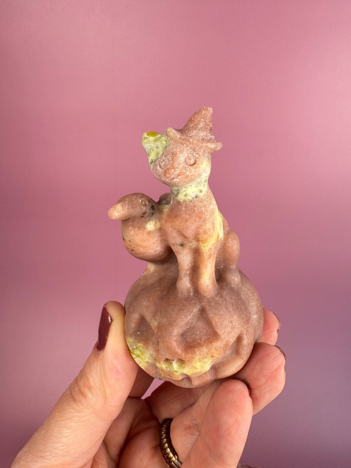 Peach Blossom Tourmaline Halloween Cat and Crow Carving (Treated)