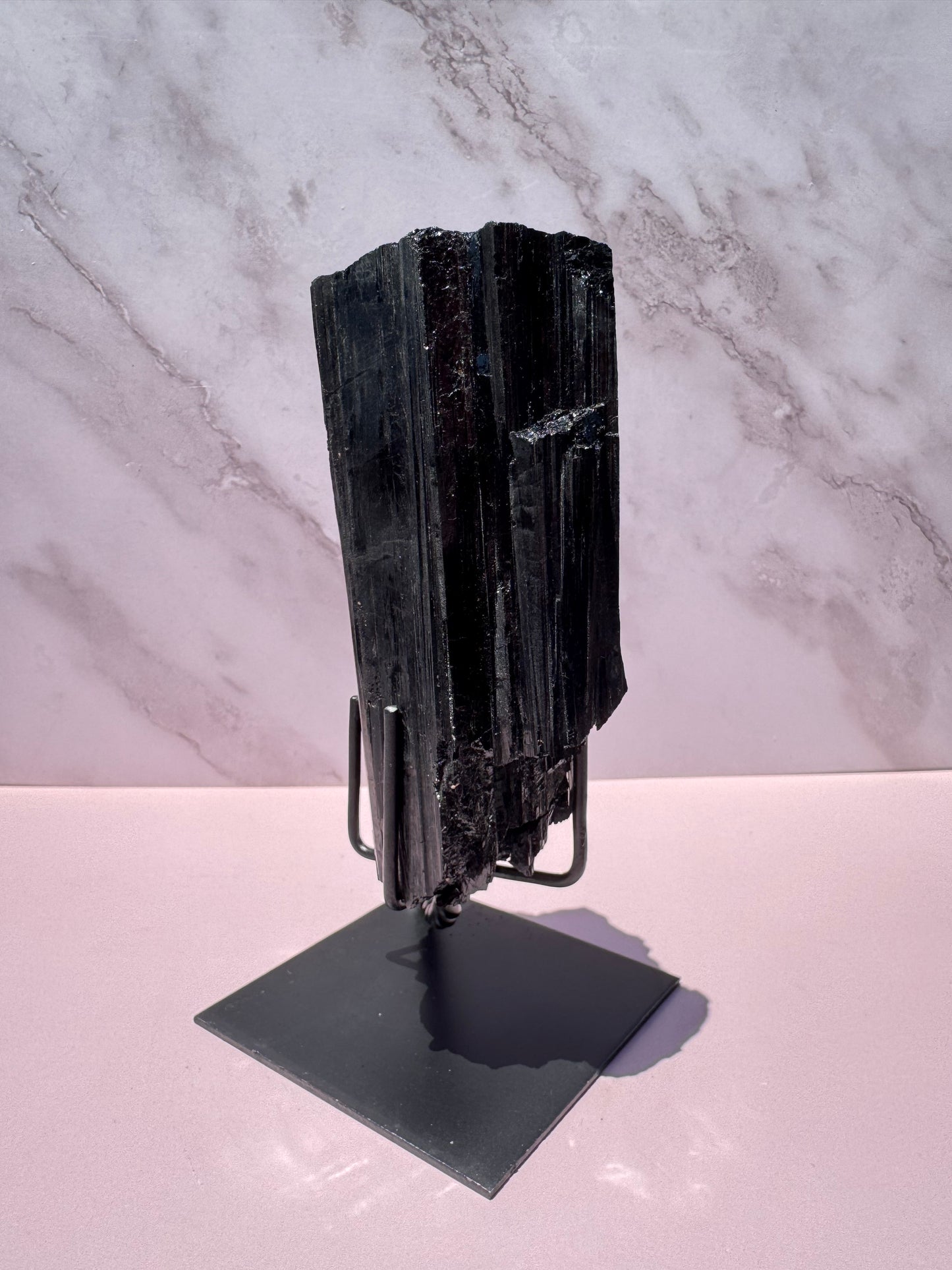 Black Tourmaline Raw Freeform on Stand, from Brazil