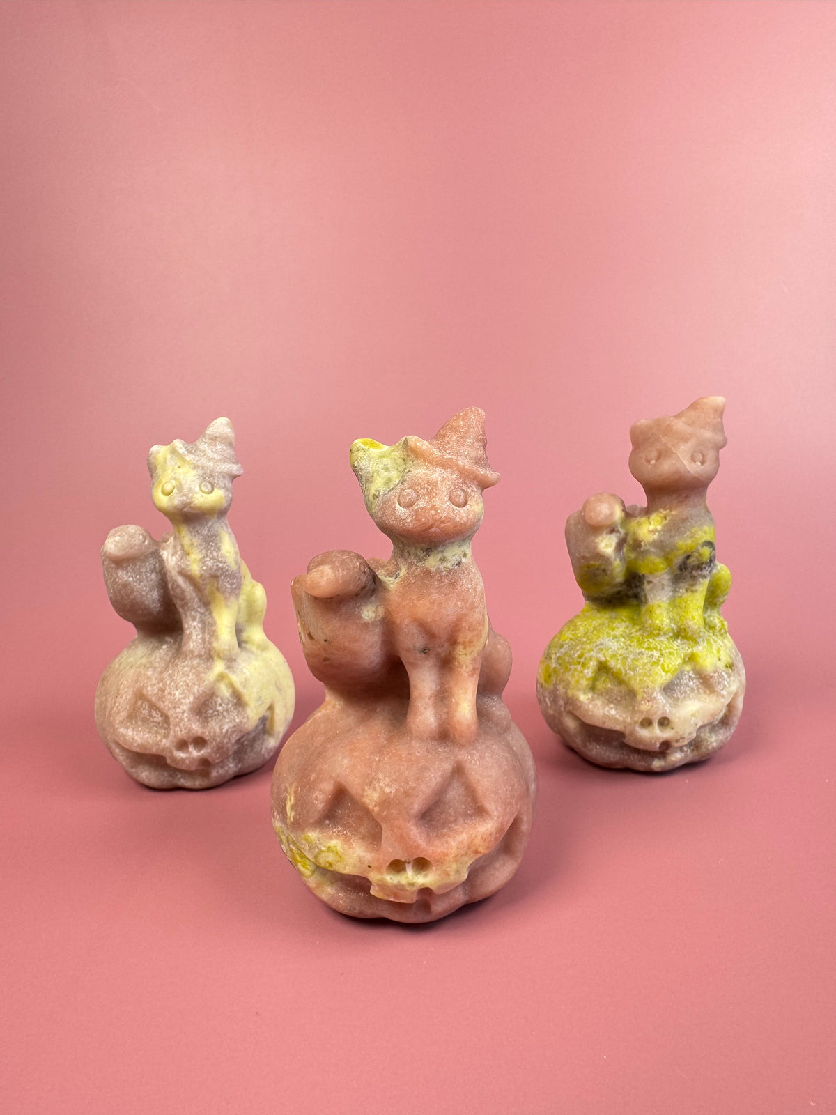 Peach Blossom Tourmaline Halloween Cat and Crow Carving (Treated)