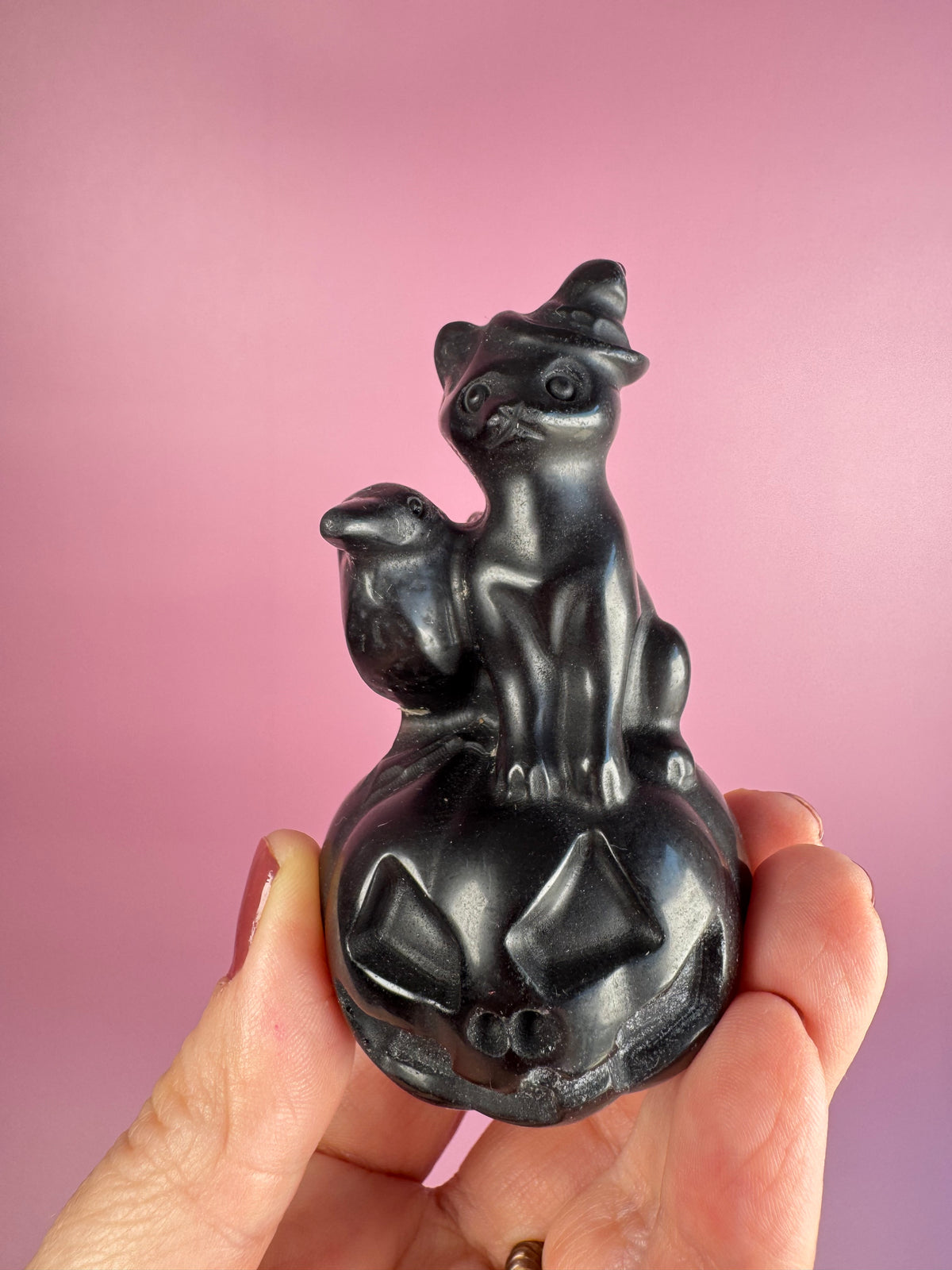 Obsidian Halloween Cat and Crow Carving
