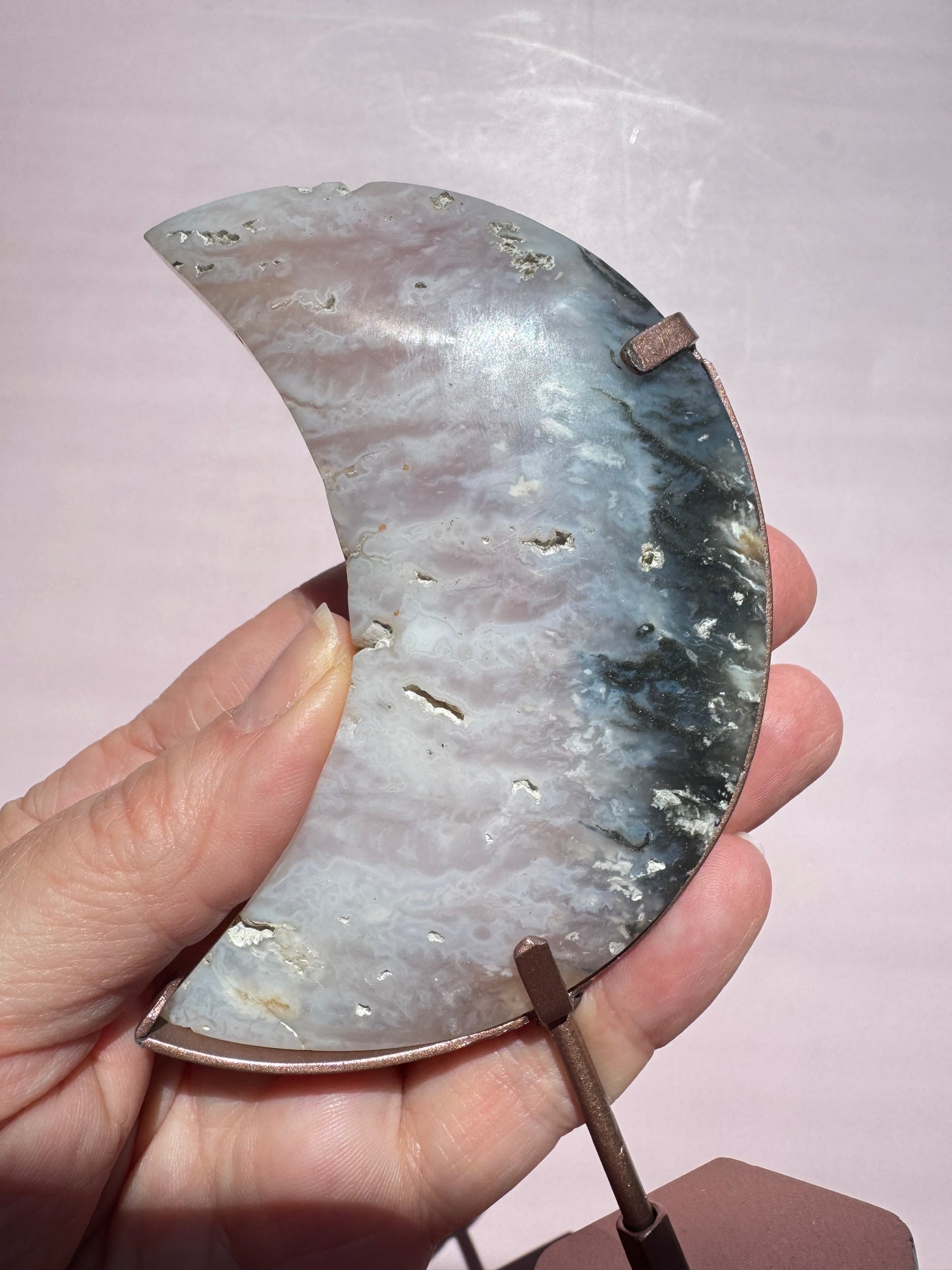 Pink Plume Agate Moon Carving with Stand from Indonesia - Item A
