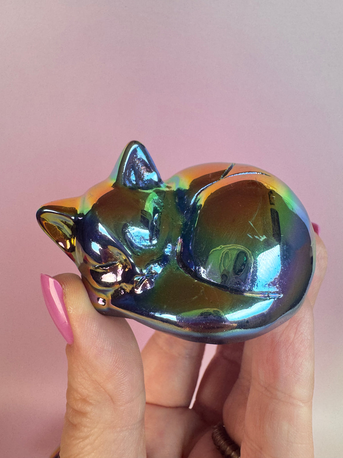 Titanium Aura Obsidian Sleeping Cat Carving (Imperfect)