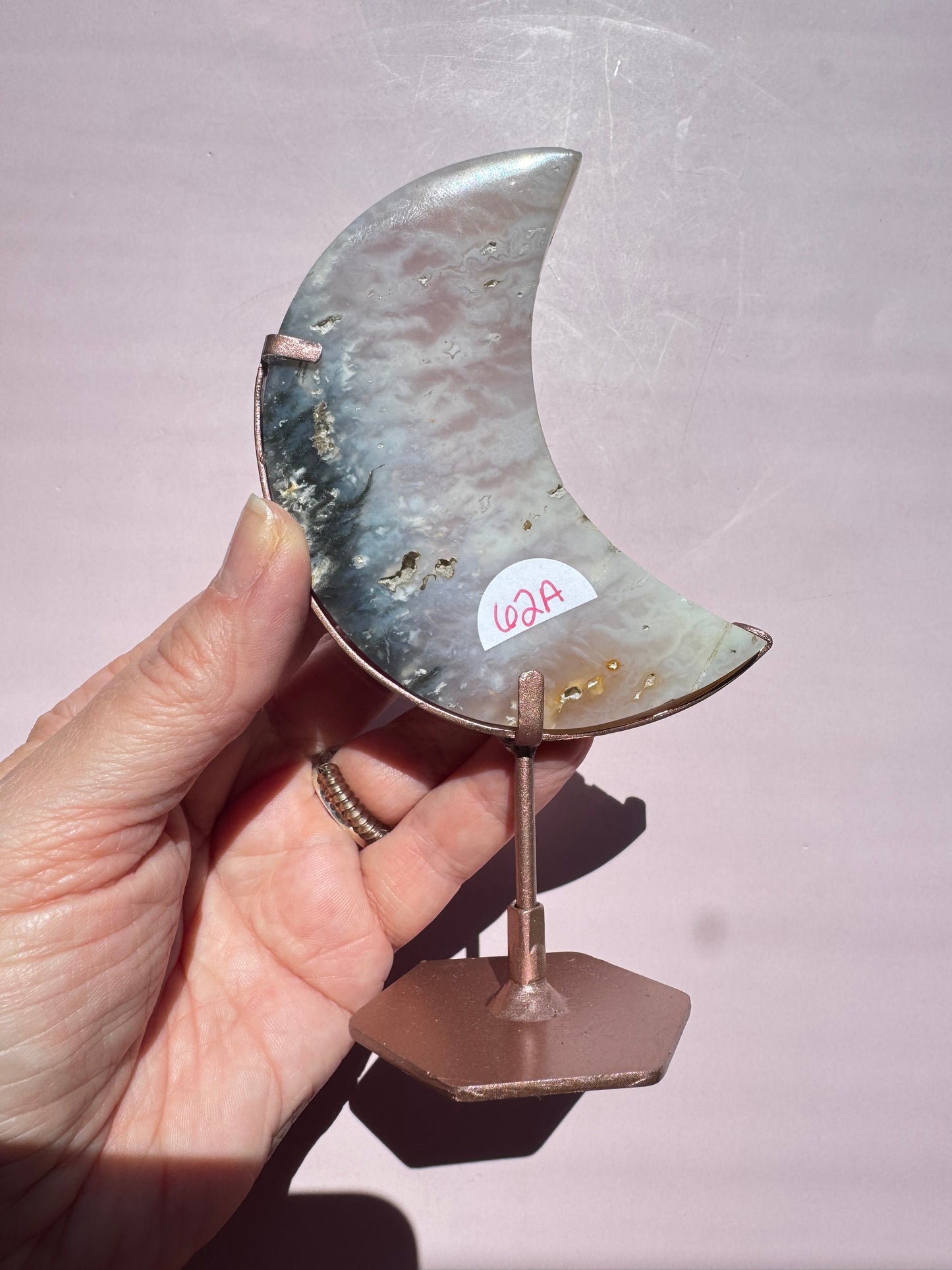Pink Plume Agate Moon Carving with Stand from Indonesia - Item A