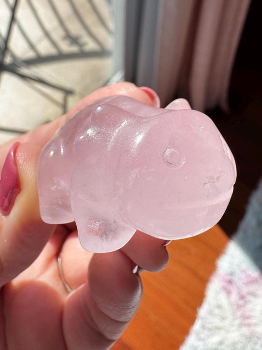 A hand holds a 2" Rose Quartz Axolotl carving—a small, pink crystal axolotl perfect as a unique rose quartz crystal gift—shimmering in sunlight.