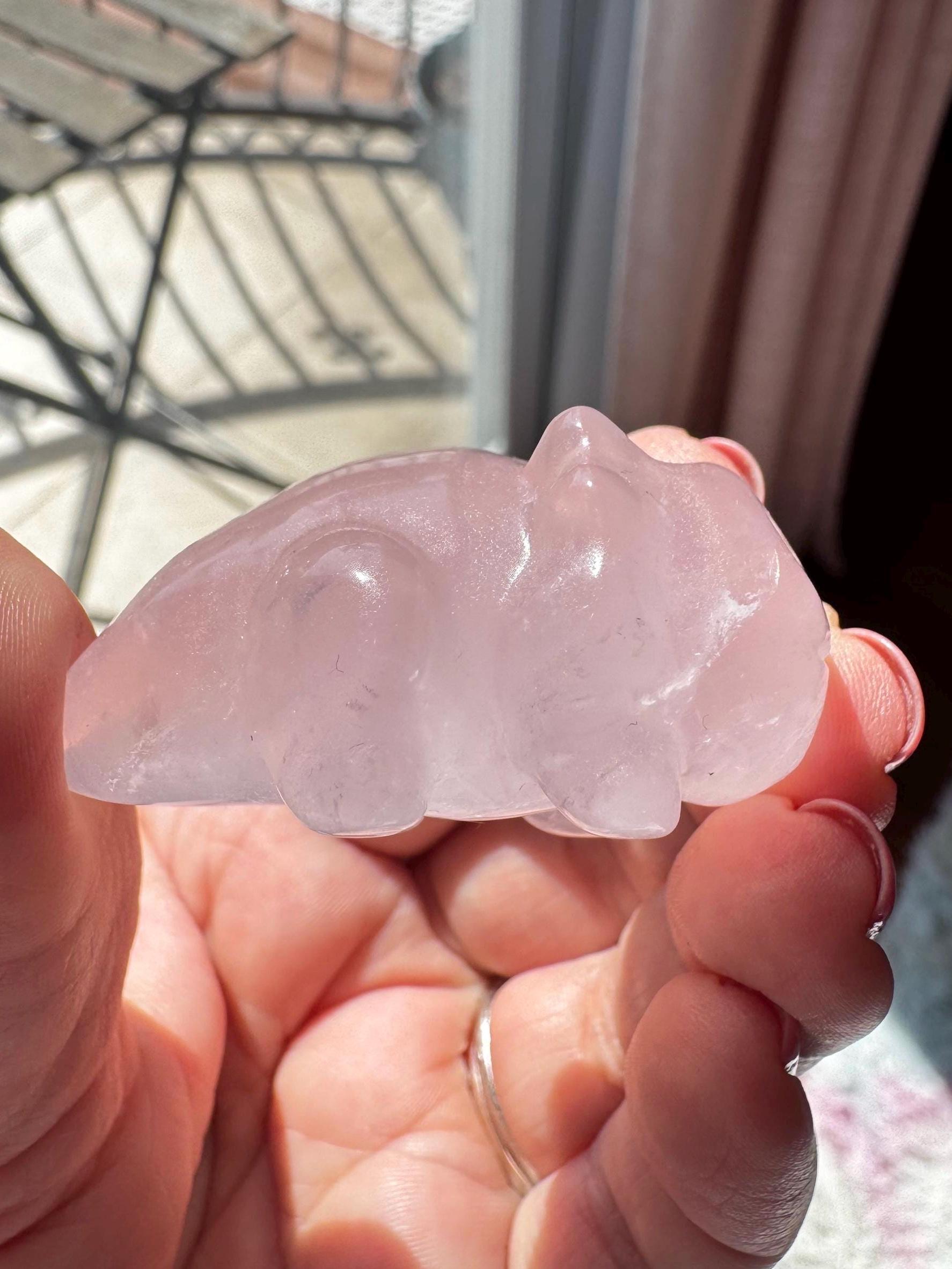 A hand holds a small Rose Quartz Axolotl 2" Carving, a pink crystal axolotl figure, with sunlight shining on the translucent rose quartz.