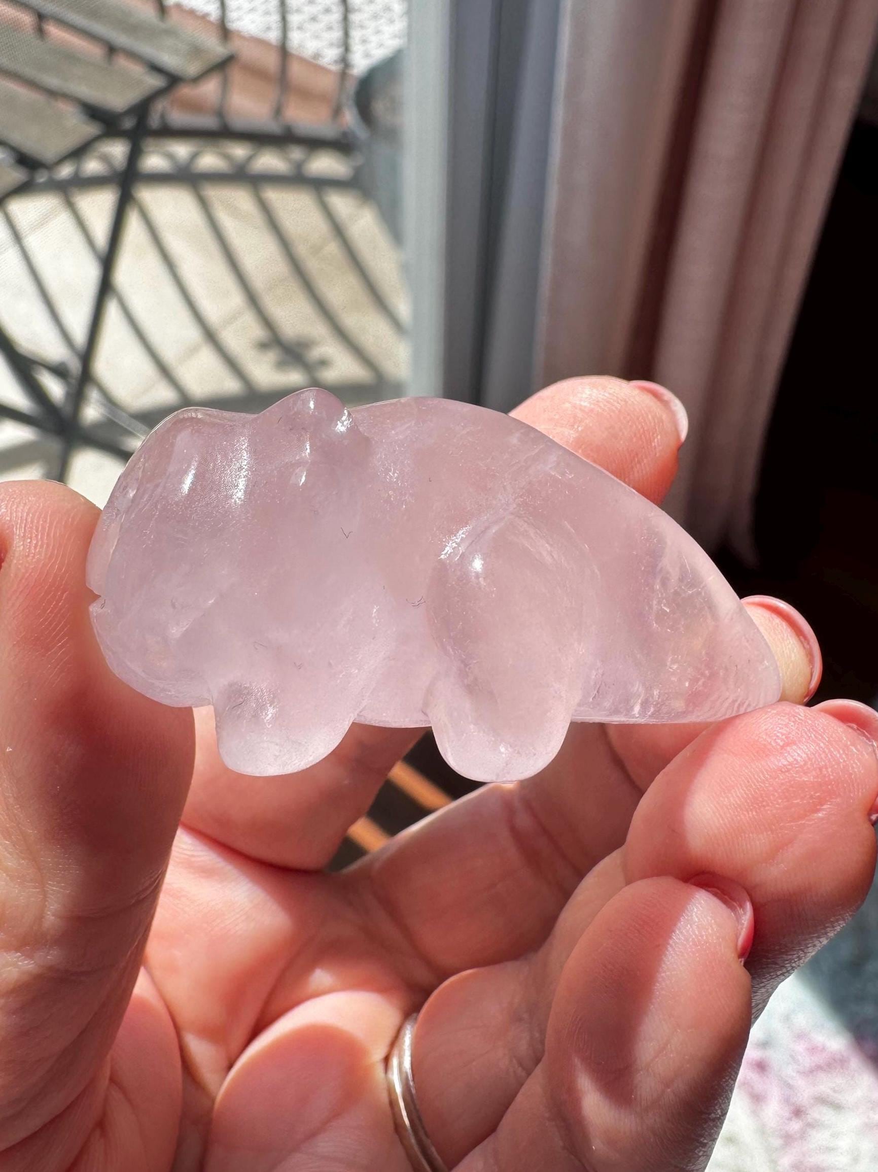 A hand holds a 2" Rose Quartz Axolotl carving, its pink crystal surface glowing in the sunlight—a charming gift for fans of healing crystals.