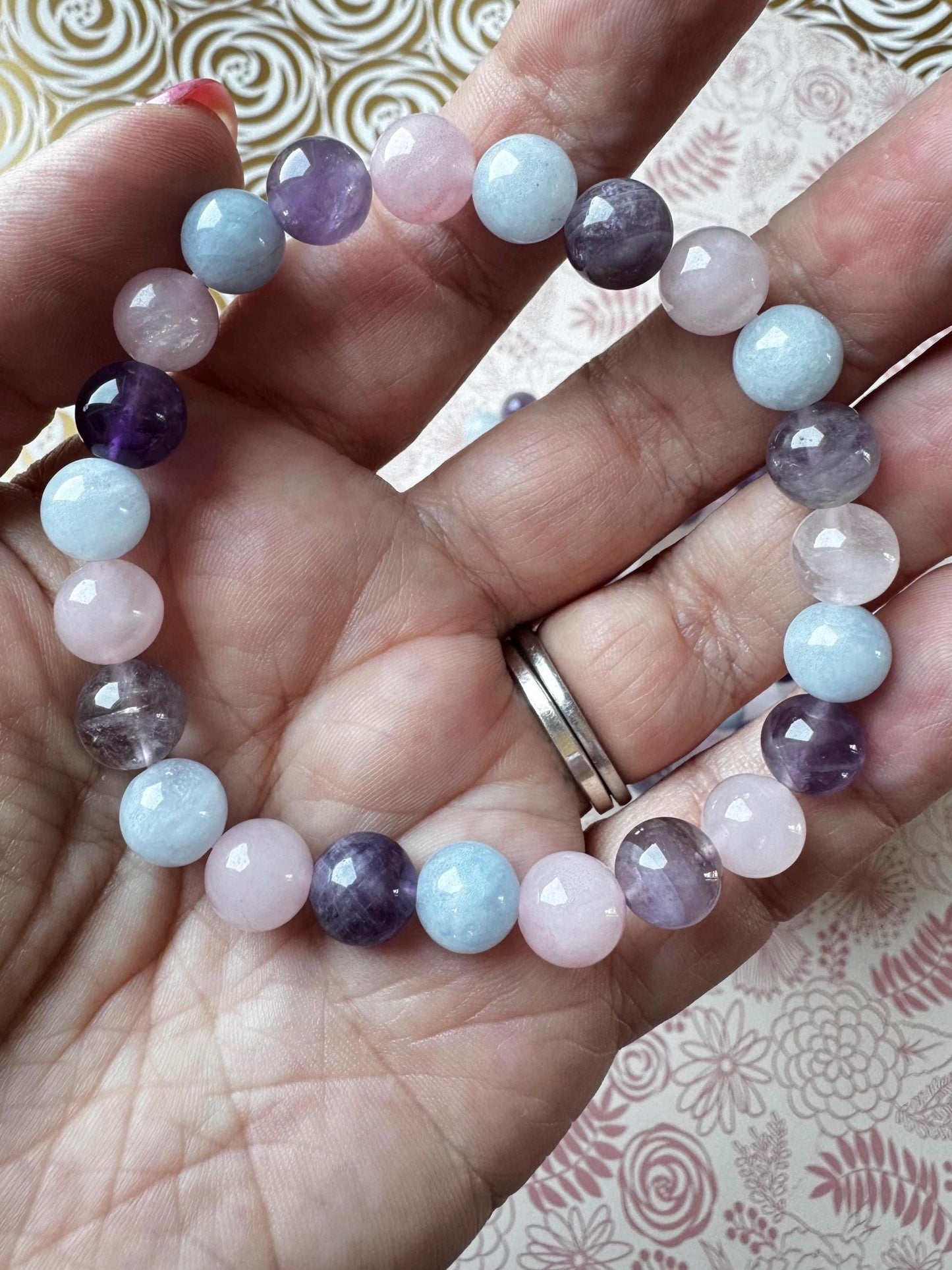 Multi-stone Bracelet - Rose Quartz, Amethyst, and Blue Calcite; 8mm Stretchy Crystal Gemstone Bracelet for Calming Energy