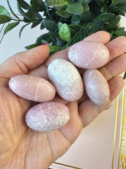 A hand holds five smooth, oval-shaped Pink Opal Tumbles from Peru—beautiful soft pink crystal stones perfect for pocket use or meditation—with a plant in the background, highlighting their calming energy.