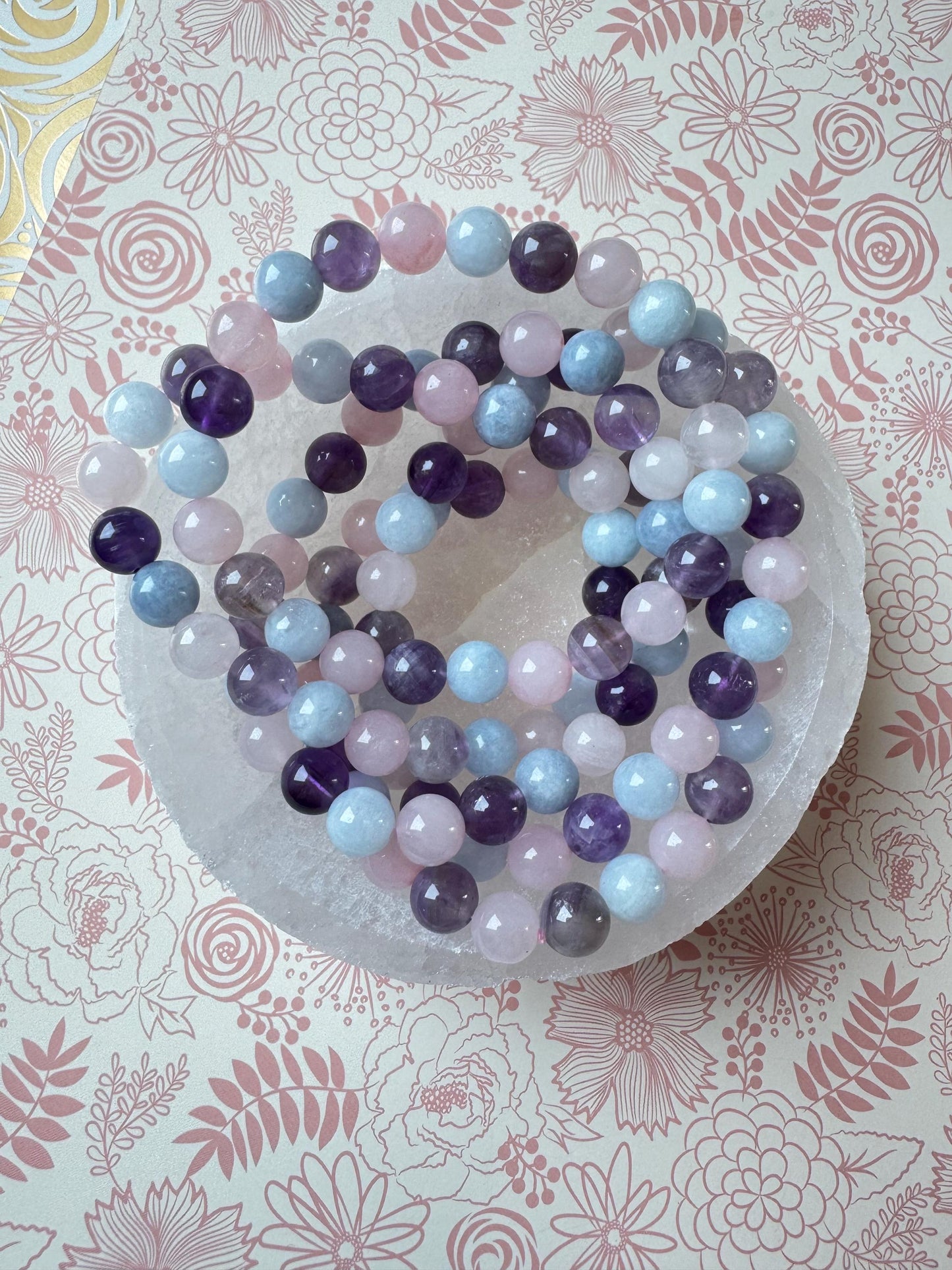 Multi-stone Bracelet - Rose Quartz, Amethyst, and Blue Calcite; 8mm Stretchy Crystal Gemstone Bracelet for Calming Energy