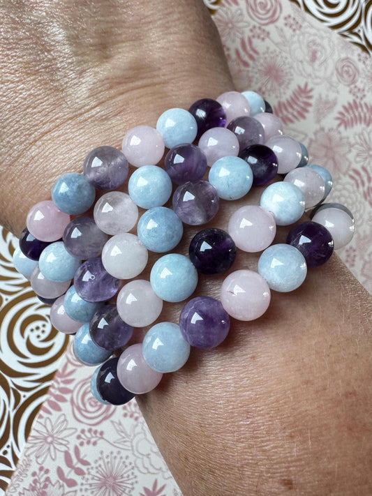 Multi-stone Bracelet - Rose Quartz, Amethyst, and Blue Calcite; 8mm Stretchy Crystal Gemstone Bracelet for Calming Energy