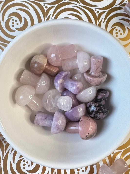 Crystal Mini Mushroom Carvings; Rose Quartz or Rhodonite