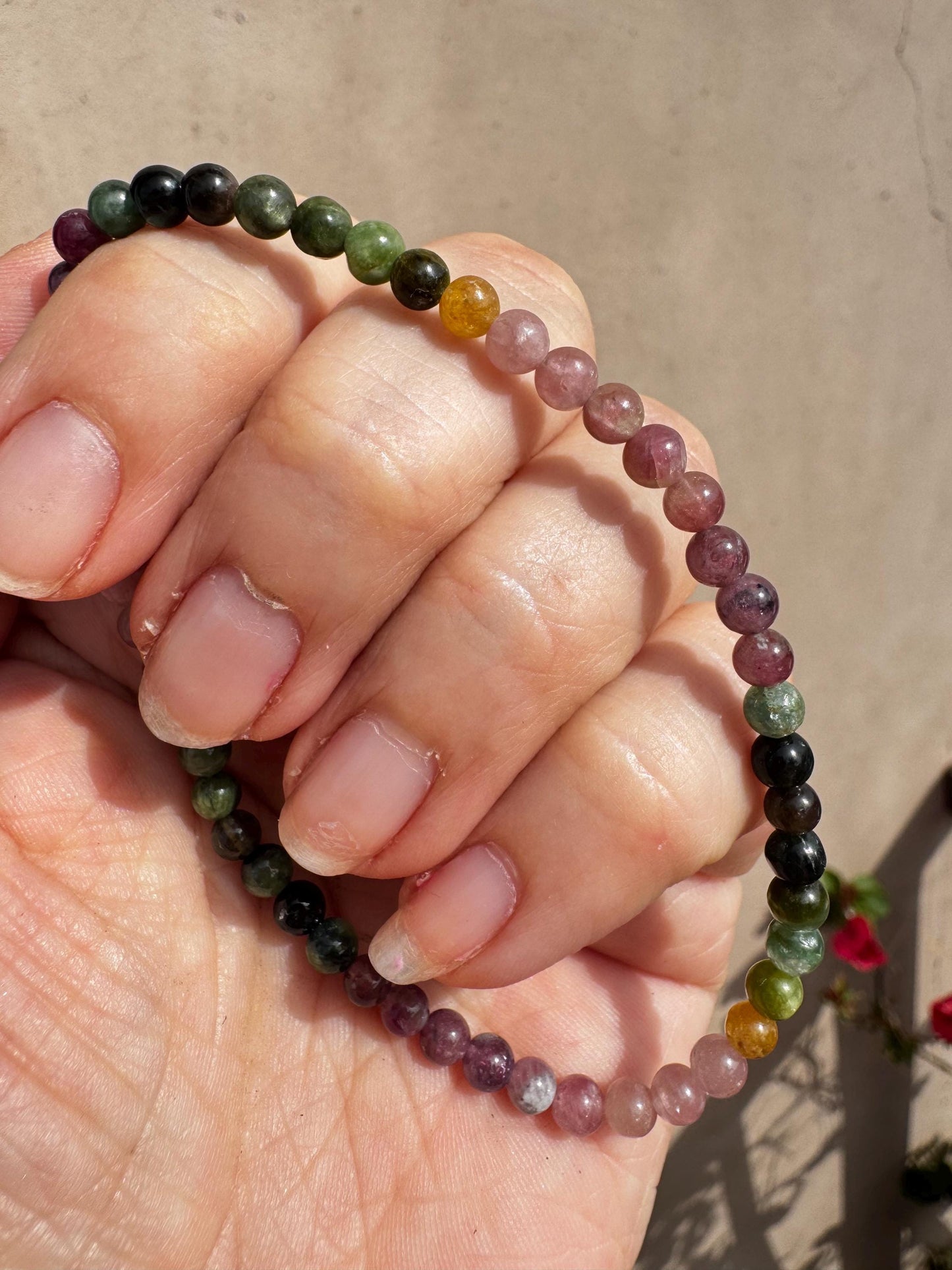 Rainbow Tourmaline Bracelet; 4mm Stretchy Beaded Bracelet; Multicolor Tourmaline; 6.75" Size