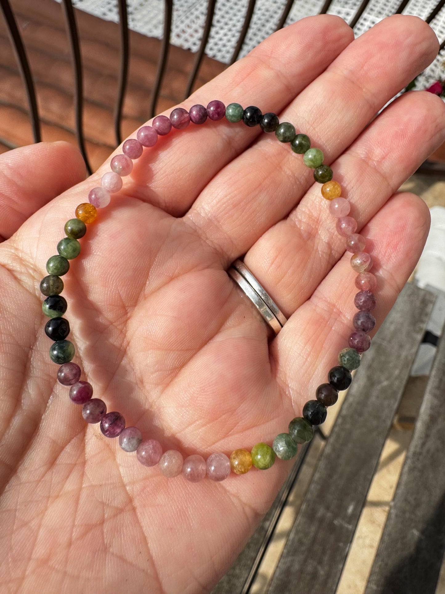 Rainbow Tourmaline Bracelet; 4mm Stretchy Beaded Bracelet; Multicolor Tourmaline; 6.75" Size