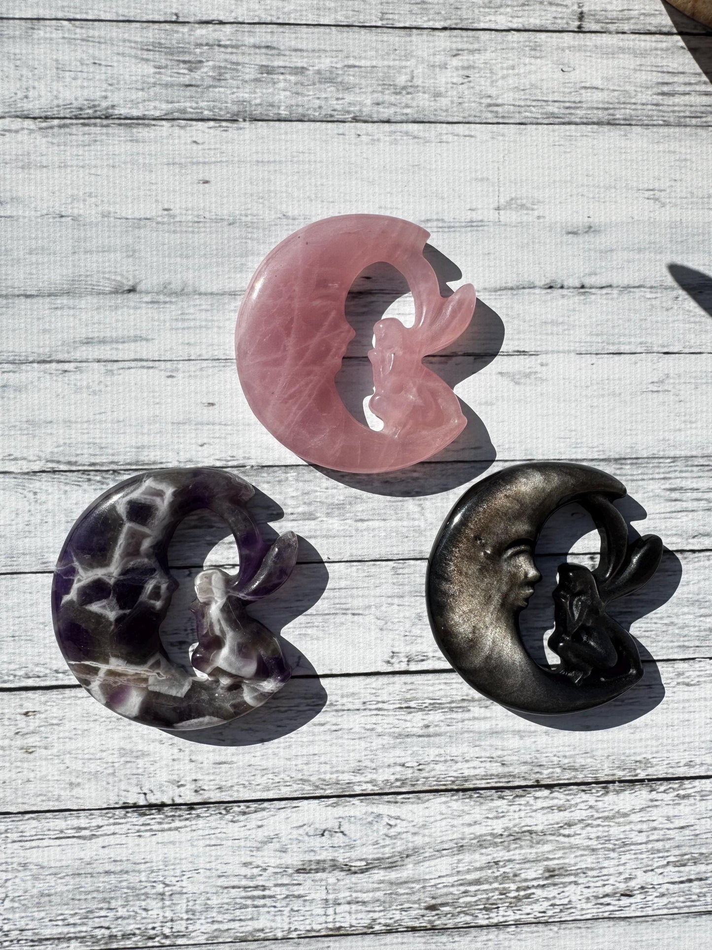 Crystal Moon and Fairy Carving (2.3"); You Choose - Rose Quartz, Dream Amethyst, or Silver Sheen Obsidian