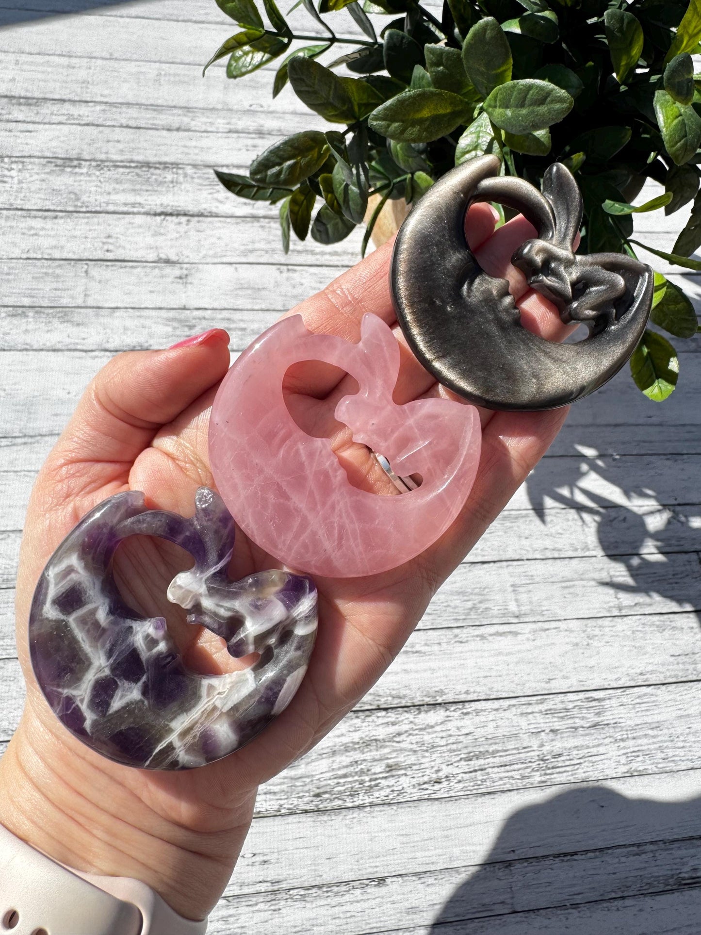 Crystal Moon and Fairy Carving (2.3"); You Choose - Rose Quartz, Dream Amethyst, or Silver Sheen Obsidian