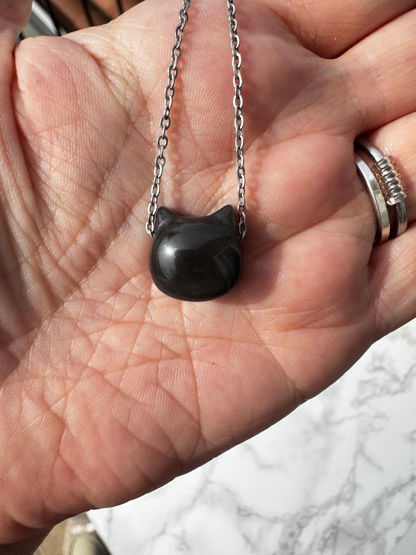 Silver Sheen Obsidian Cat Head Necklace with Stainless Steel 18" Chain
